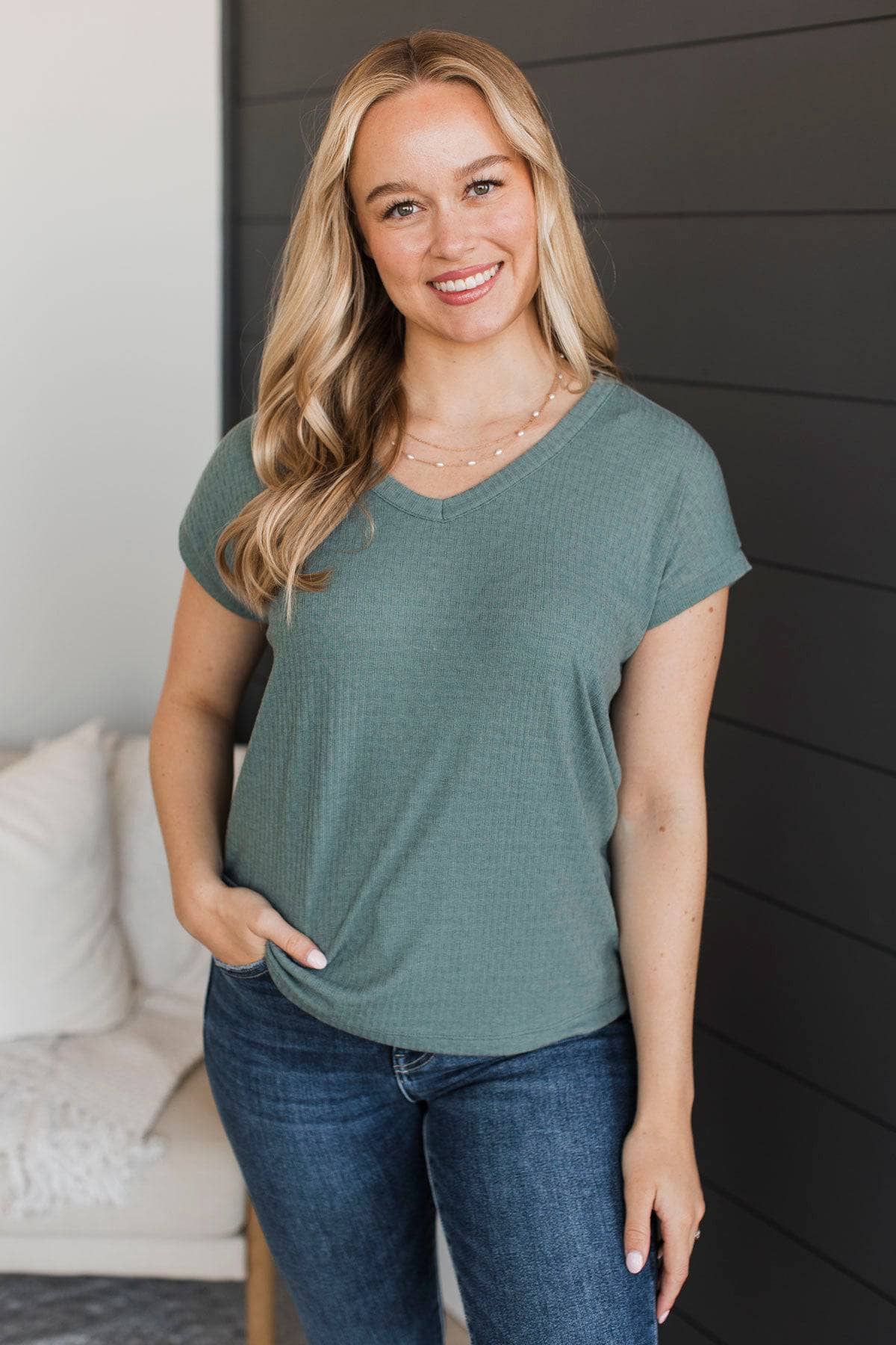 Simple Devotion V-Neck Top- Dusty Jade - Image 2