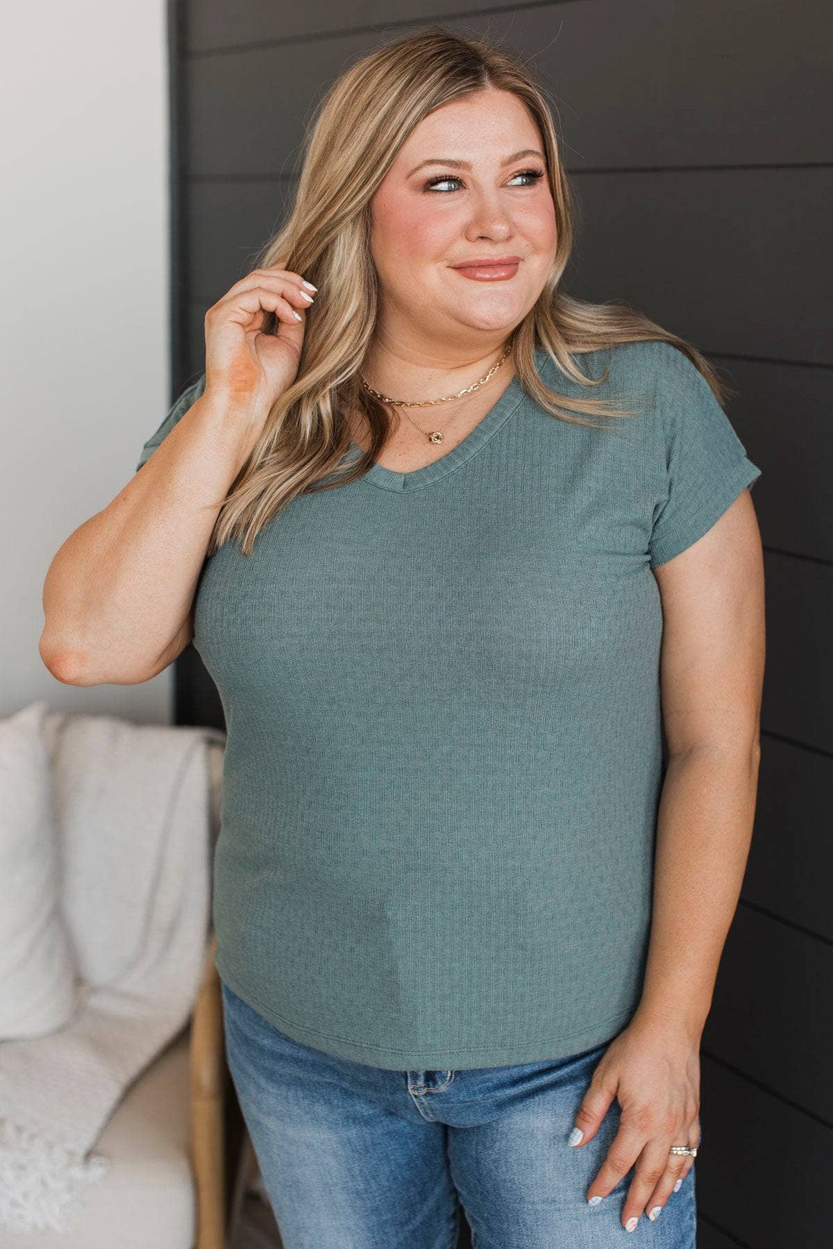 Simple Devotion V-Neck Top- Dusty Jade - Image 3