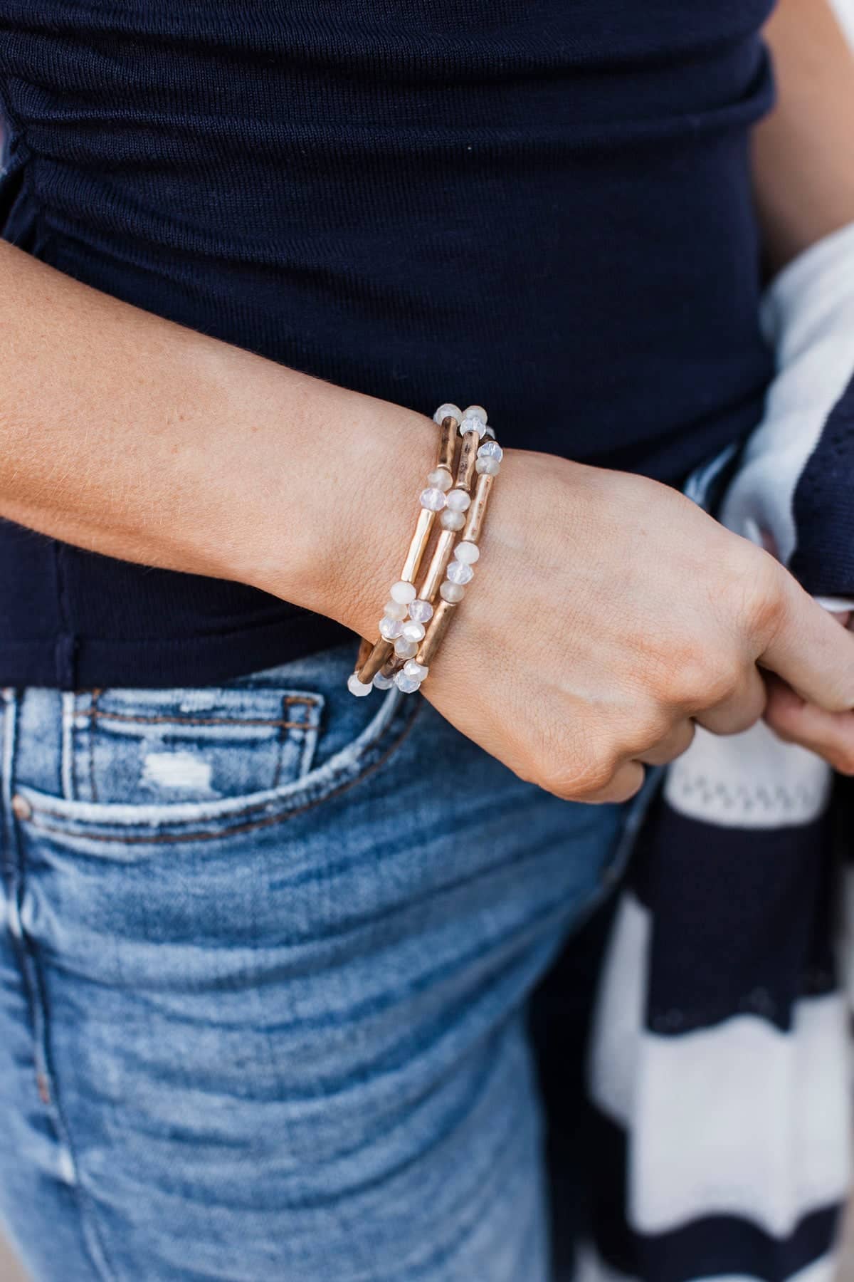 Simple Luxury Beaded Bracelet Set- Gold & Off-White - Image 2