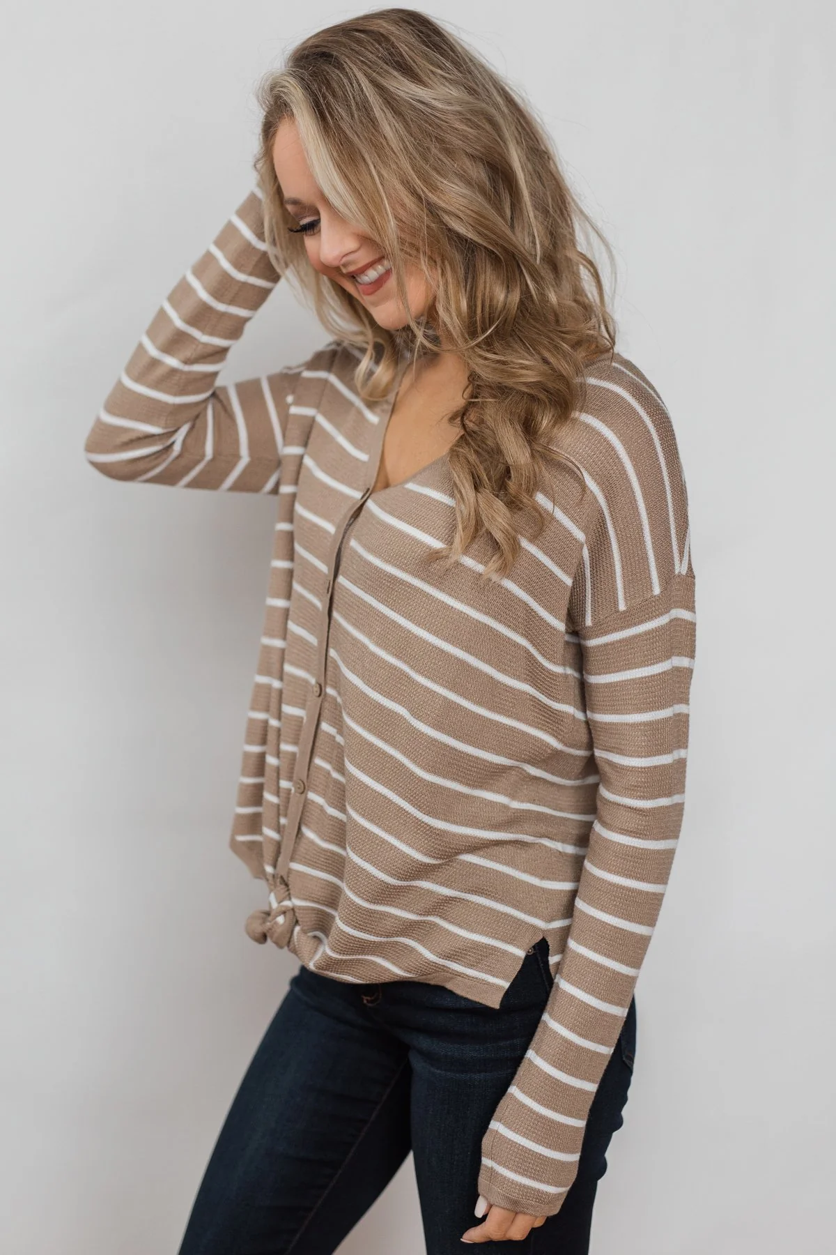 Simple Occasion Striped Button Top- Taupe - Image 11