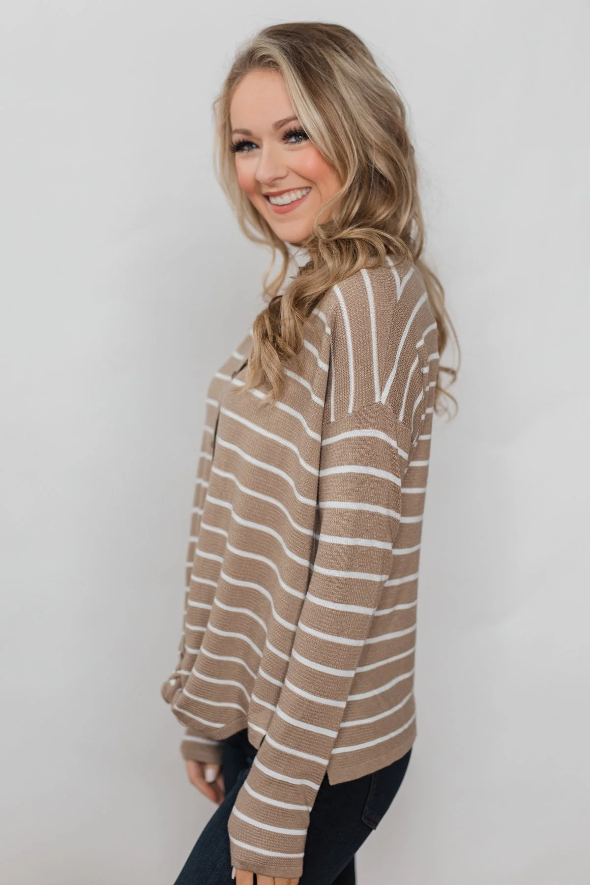 Simple Occasion Striped Button Top- Taupe - Image 12
