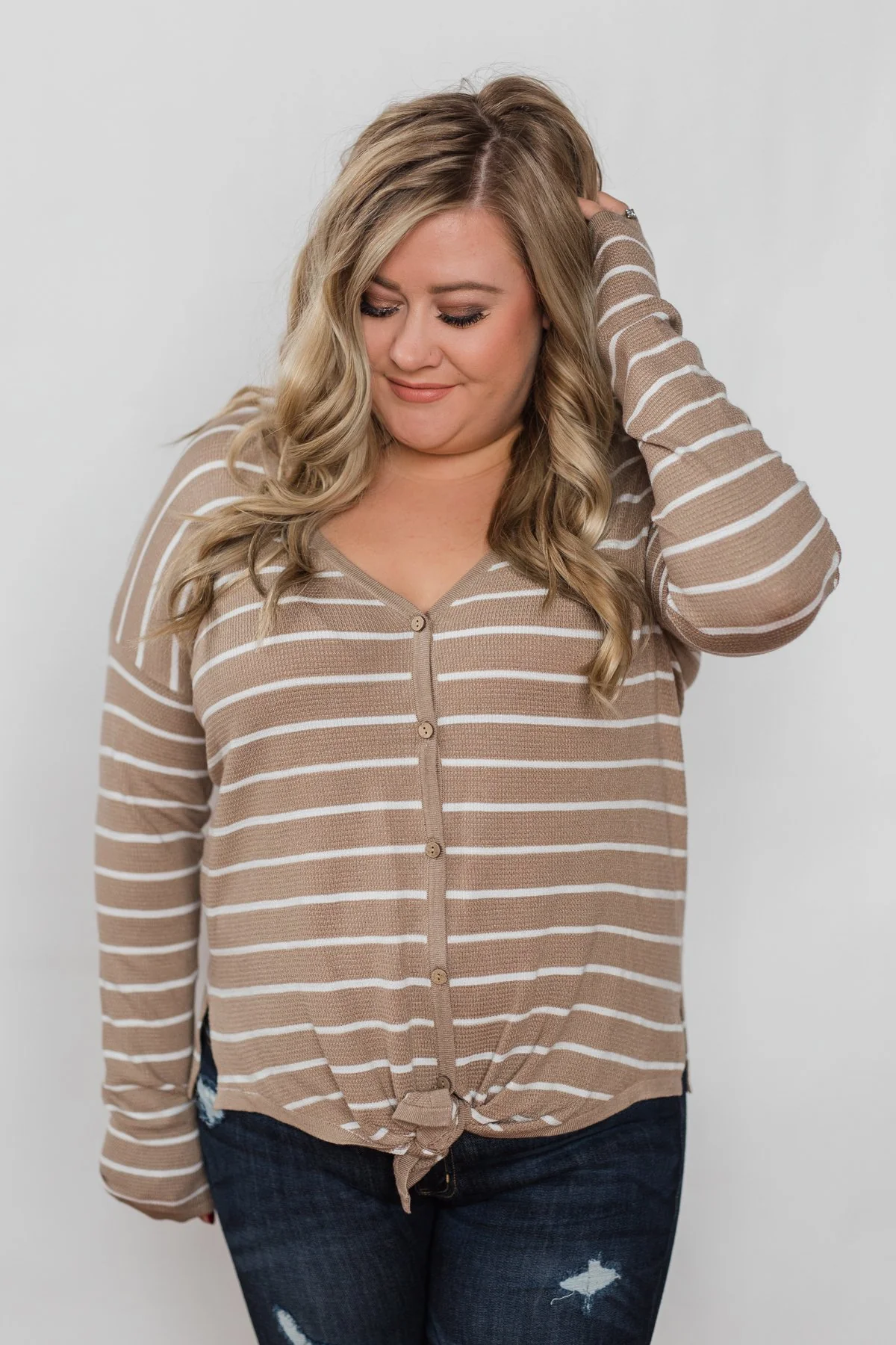 Simple Occasion Striped Button Top- Taupe - Image 3