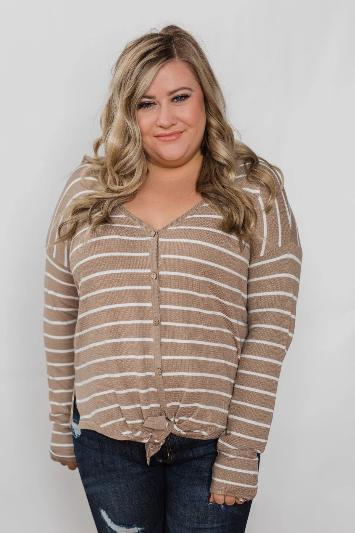 Simple Occasion Striped Button Top- Taupe - Image 4