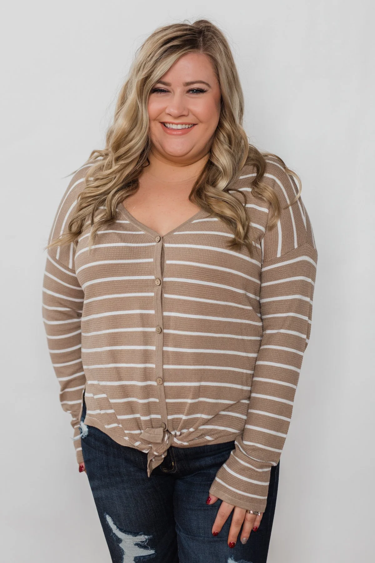 Simple Occasion Striped Button Top- Taupe - Image 5