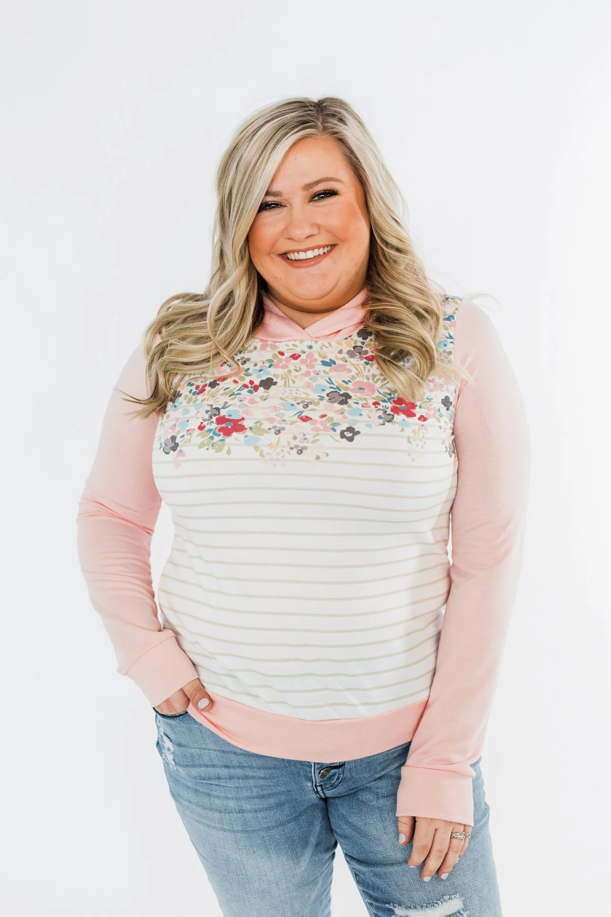 Simple Pleasures Floral & Stripes Hoodie- Light Peach - Image 2
