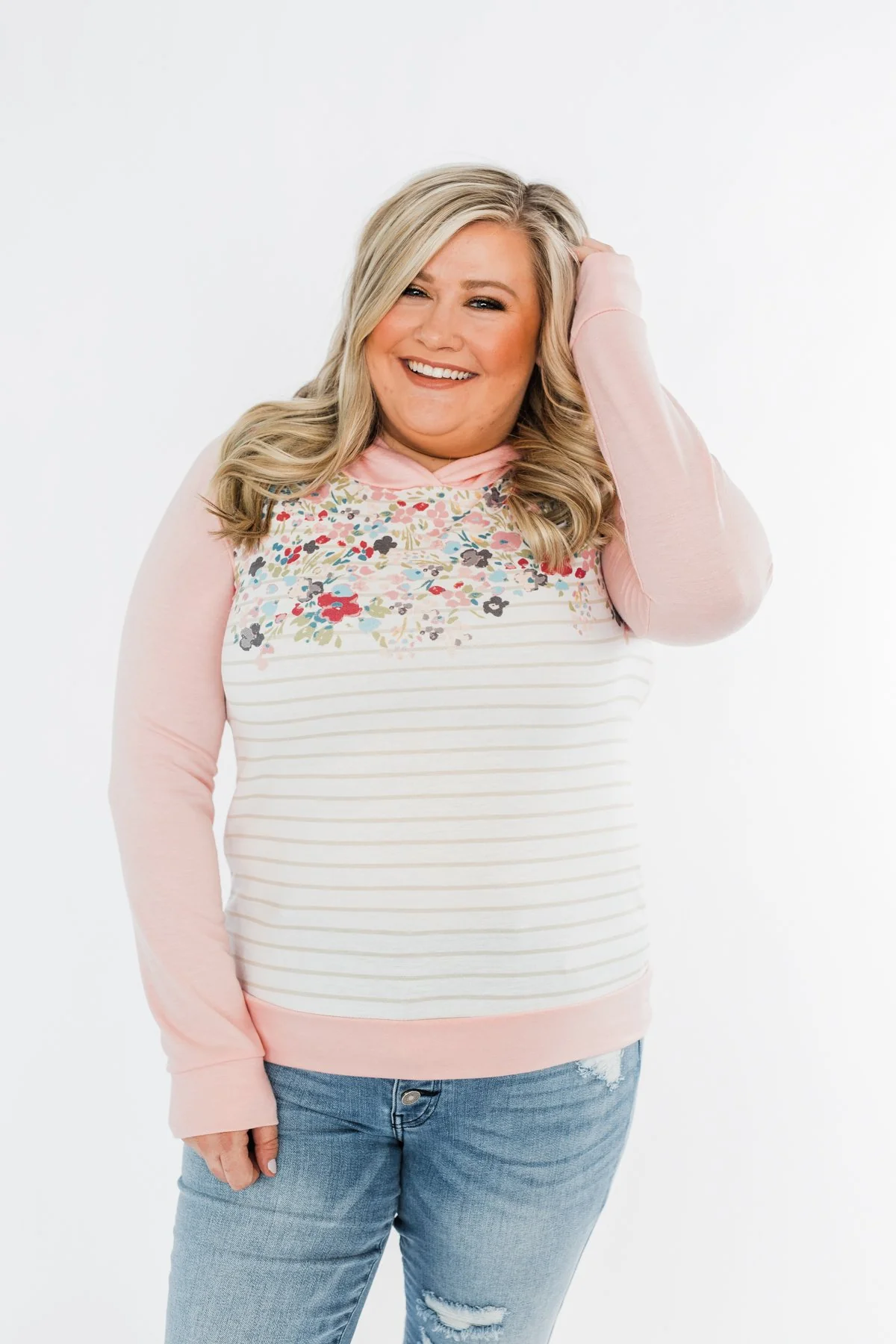 Simple Pleasures Floral & Stripes Hoodie- Light Peach - Image 5