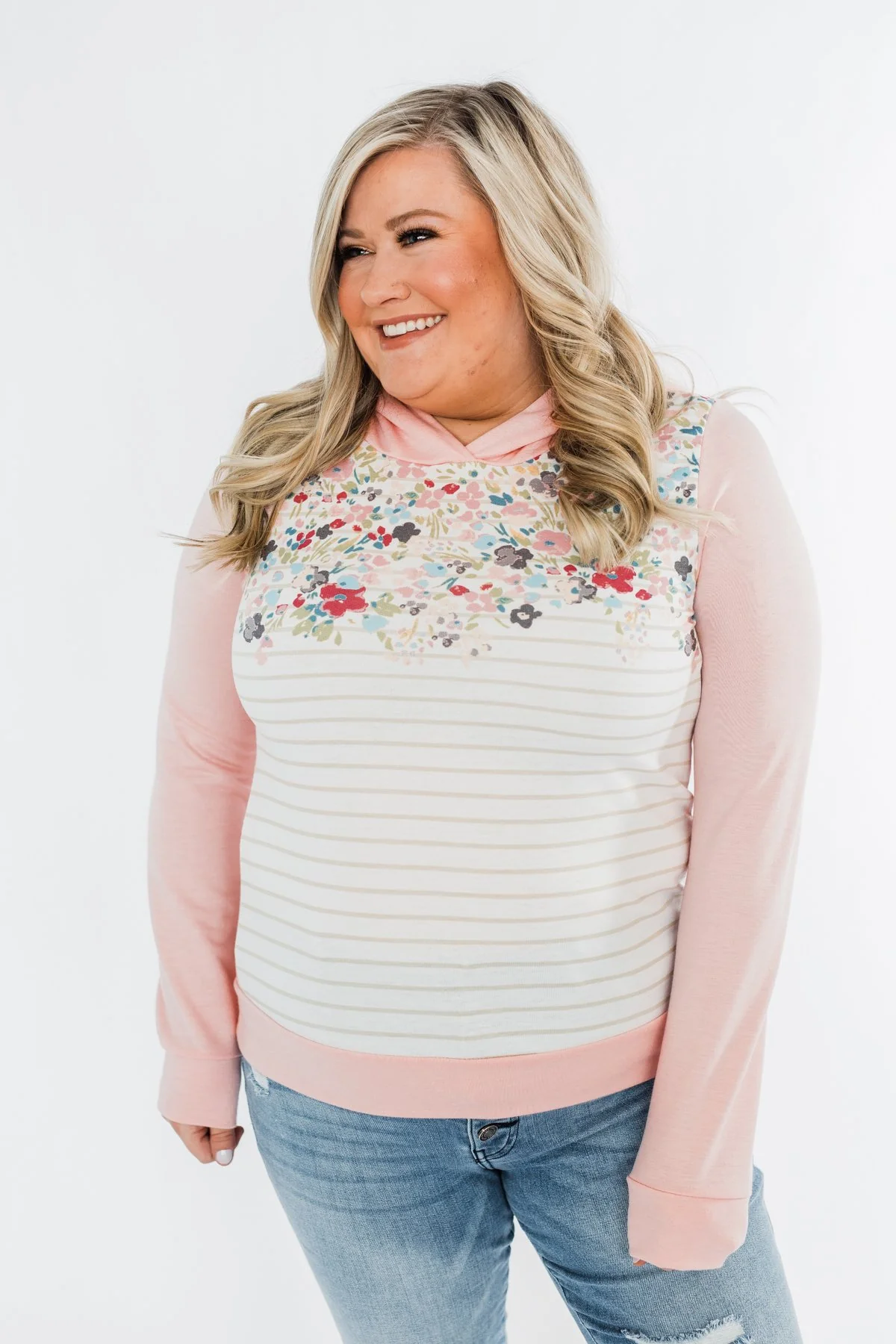 Simple Pleasures Floral & Stripes Hoodie- Light Peach - Image 7