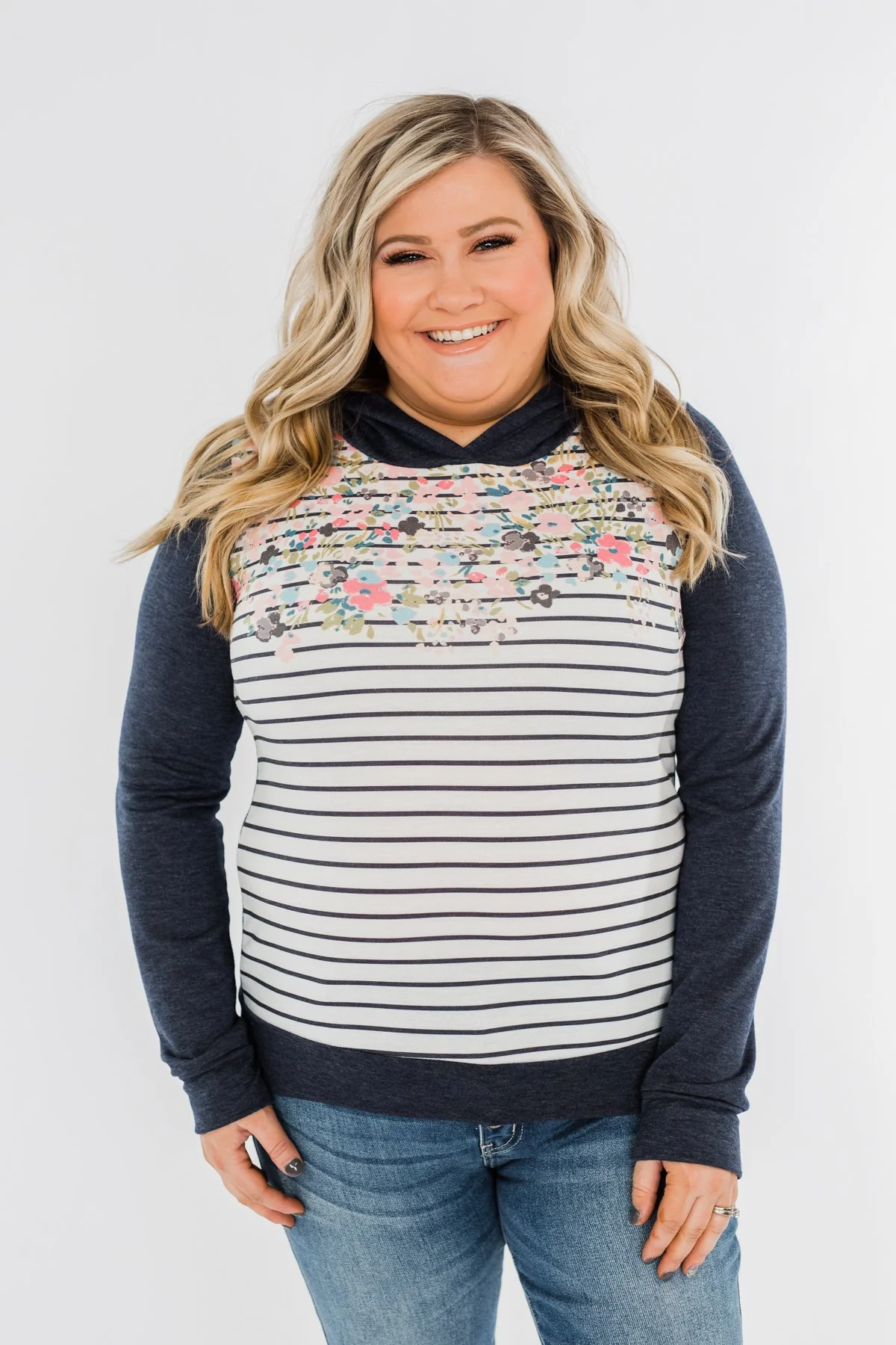 Simple Pleasures Floral & Stripes Hoodie- Navy - Image 3