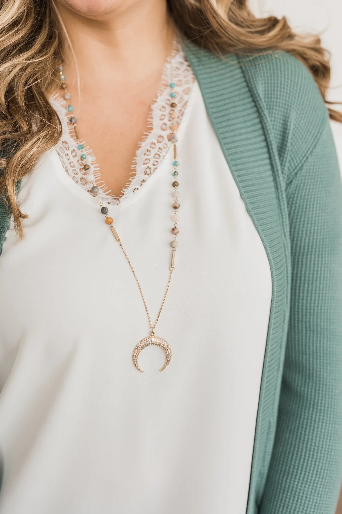 Simple & Sweet Crescent Moon Necklace- Gold & Natural Tones - Image 2