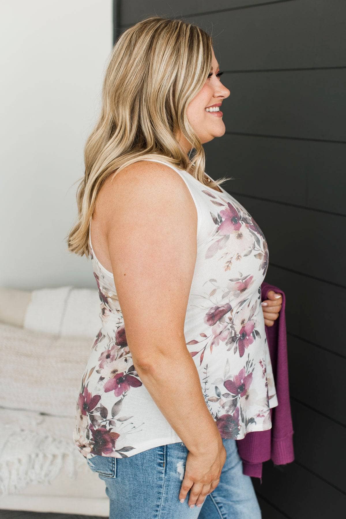 Simple Truths Floral Tank Top- Ivory & Deep Orchid - Image 5