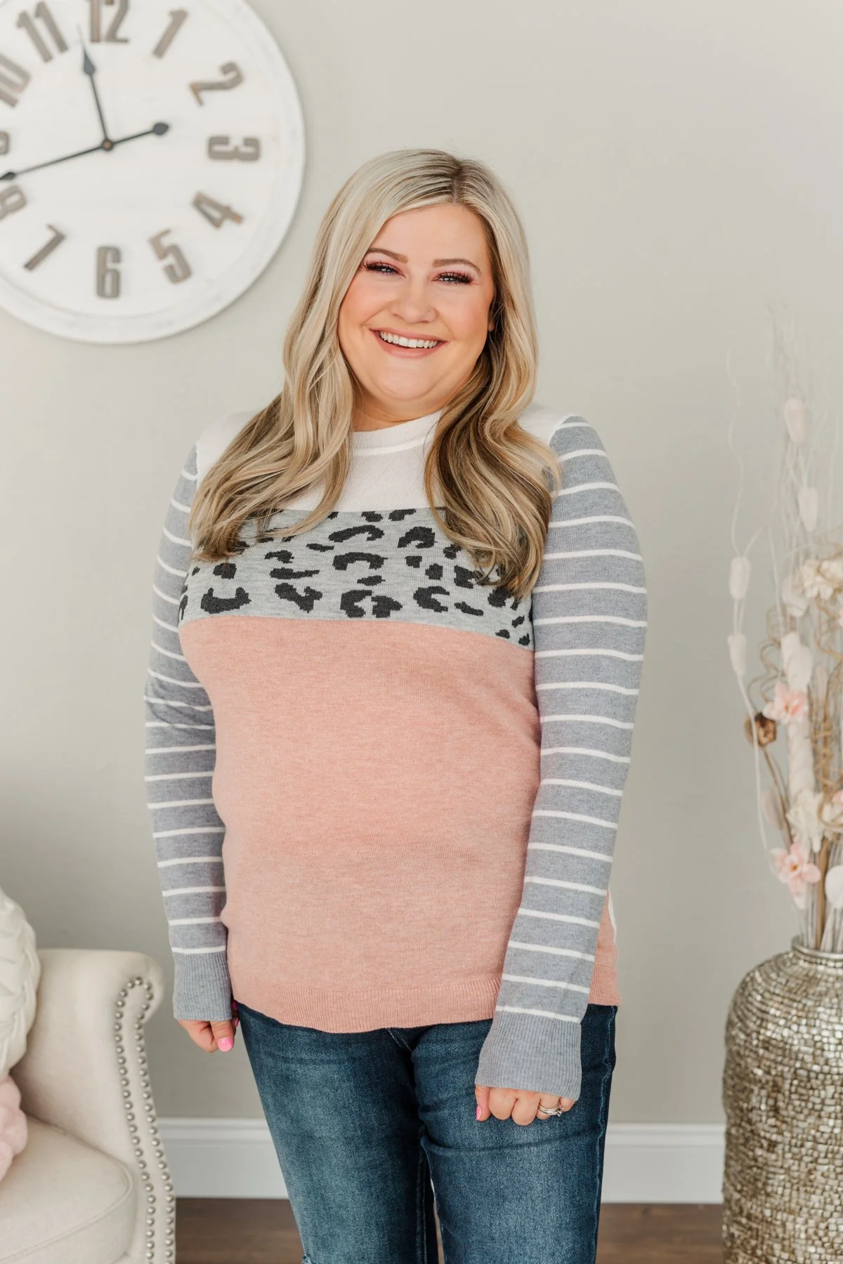 Simpler Times Ahead Long Sleeve Top- Soft Pink, Grey & Ivory - Image 3