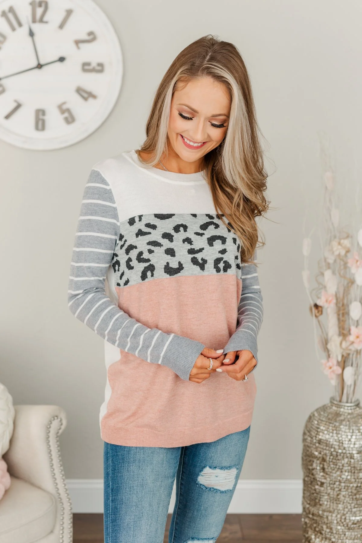 Simpler Times Ahead Long Sleeve Top- Soft Pink, Grey & Ivory - Image 4