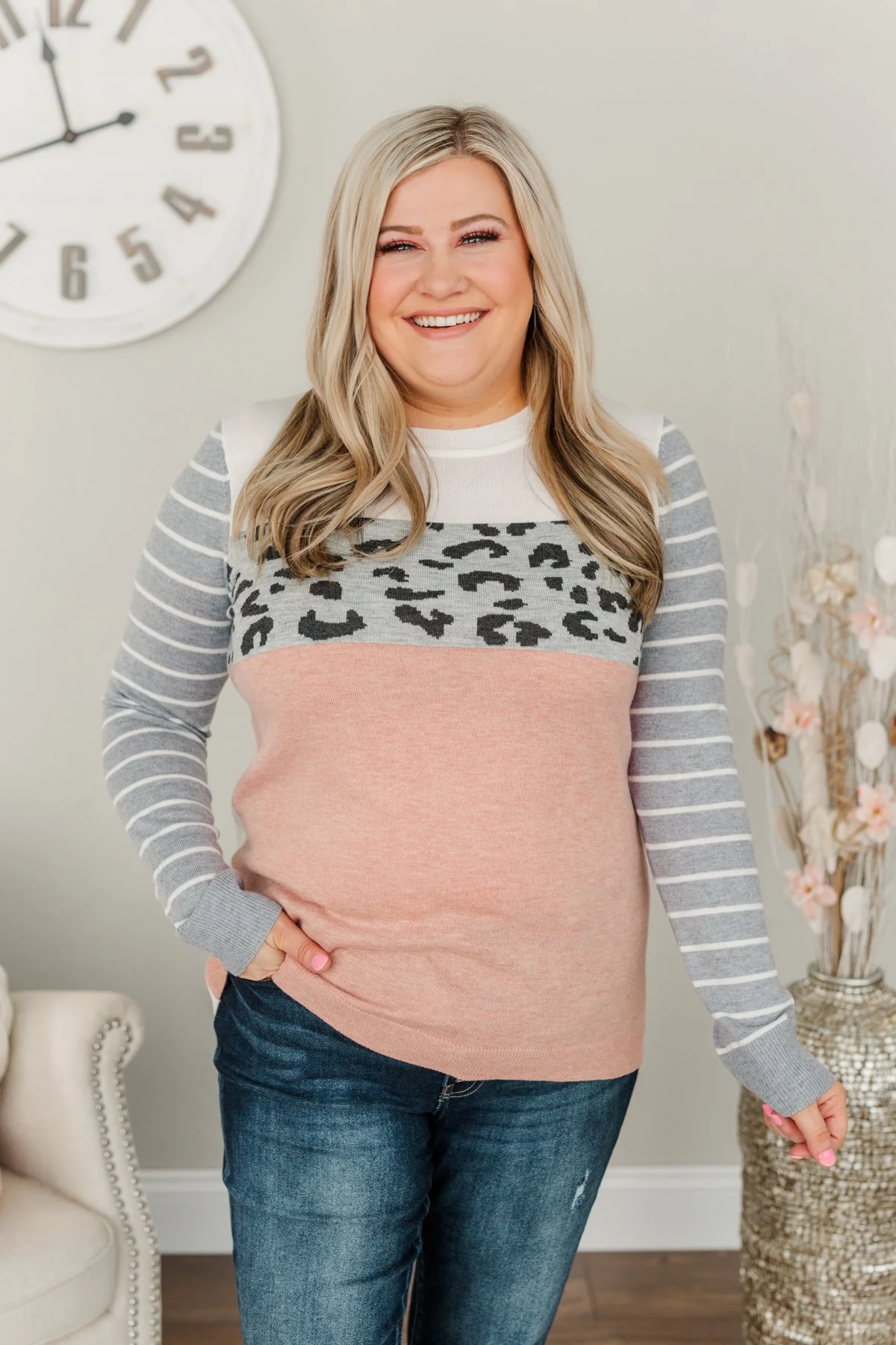 Simpler Times Ahead Long Sleeve Top- Soft Pink, Grey & Ivory - Image 8