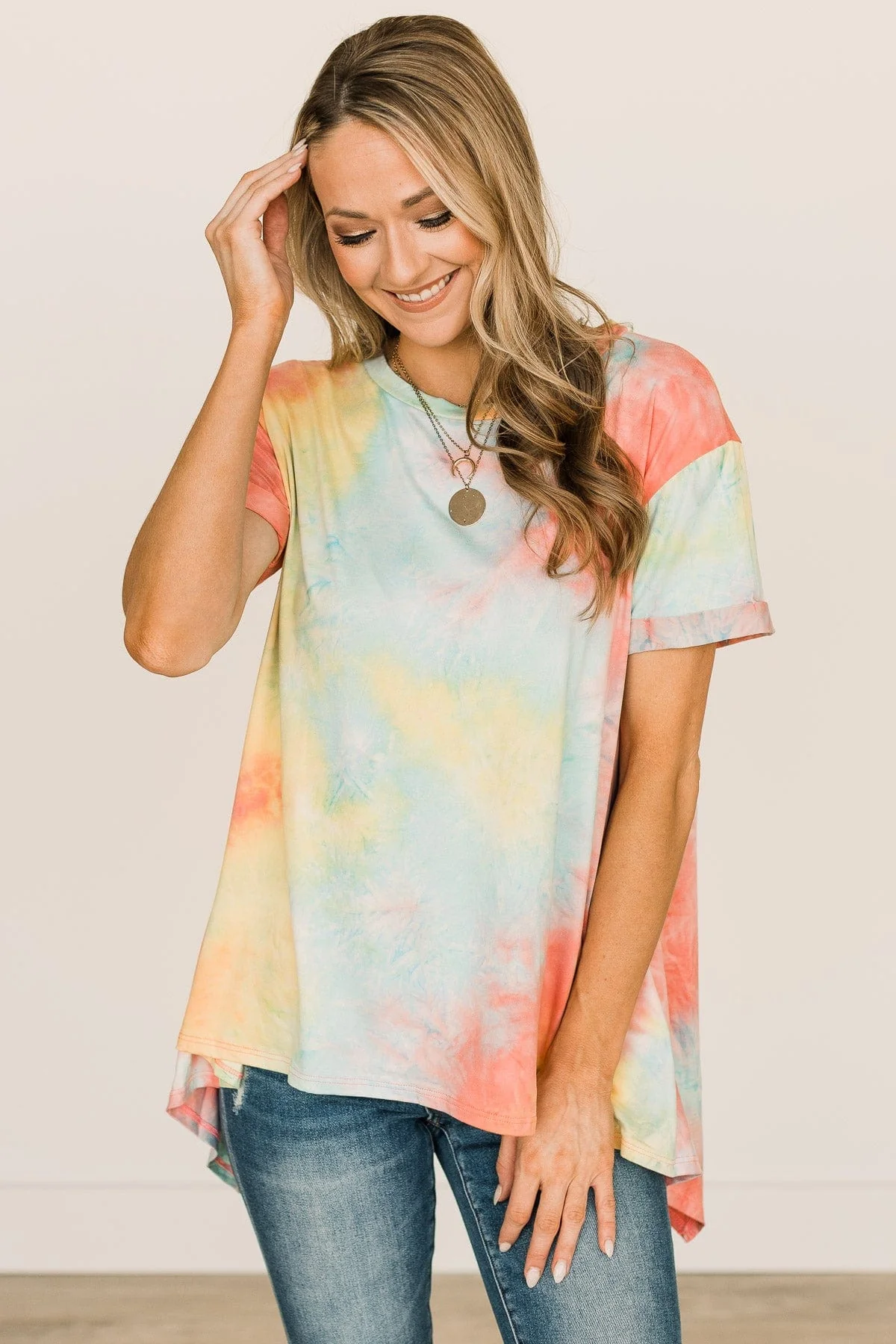 Simpler Times To Come Tie-Dye Top- Coral, Yellow & Blue - Image 2