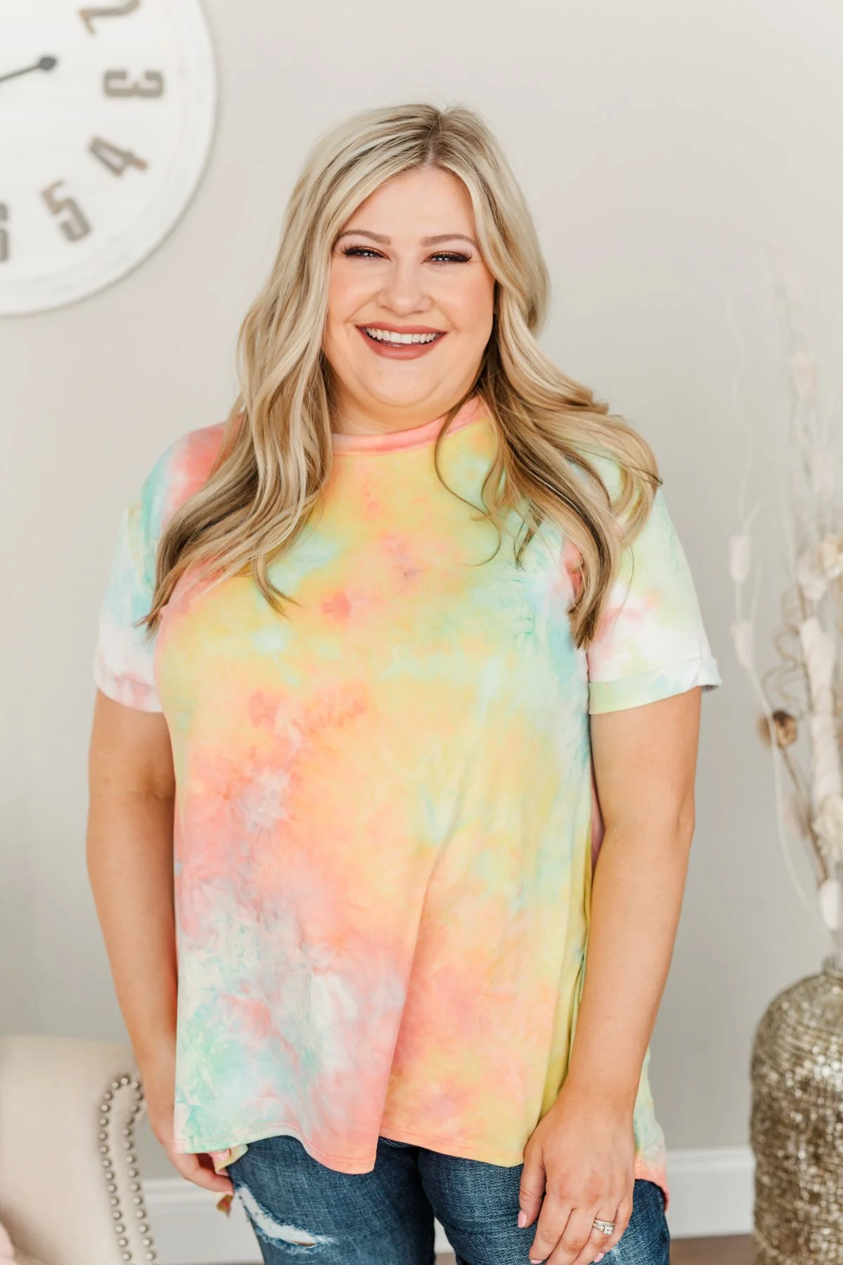 Simpler Times To Come Tie-Dye Top- Coral, Yellow & Blue - Image 3