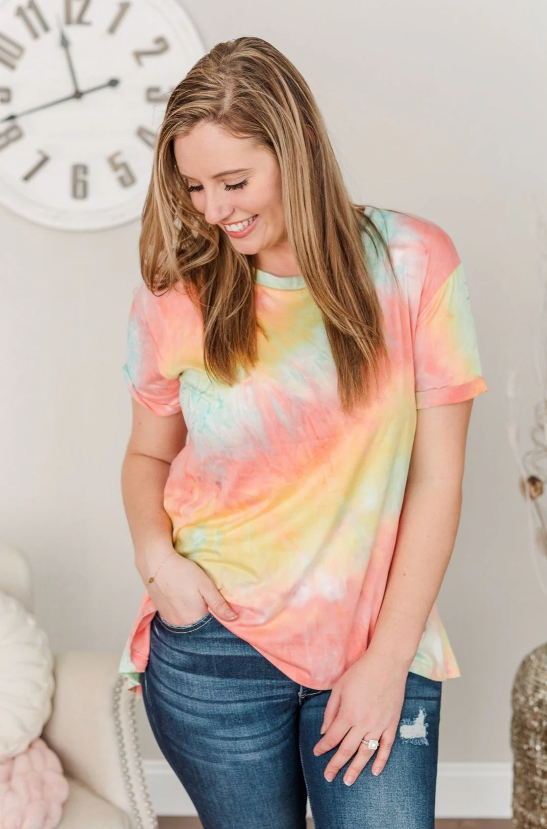 Simpler Times To Come Tie-Dye Top- Coral, Yellow & Blue - Image 4