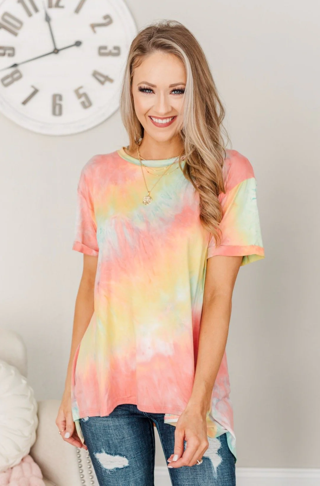 Simpler Times To Come Tie-Dye Top- Coral, Yellow & Blue - Image 5