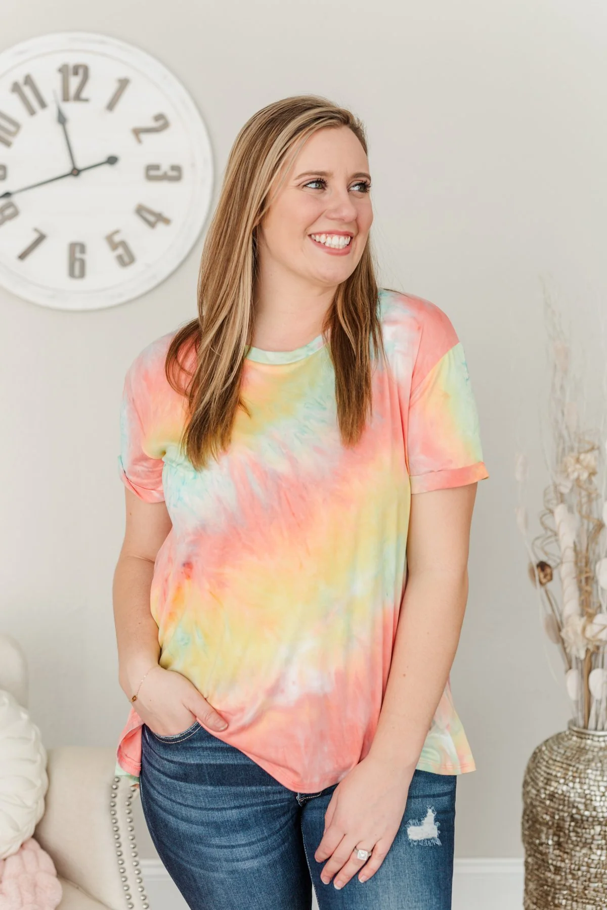Simpler Times To Come Tie-Dye Top- Coral, Yellow & Blue - Image 7