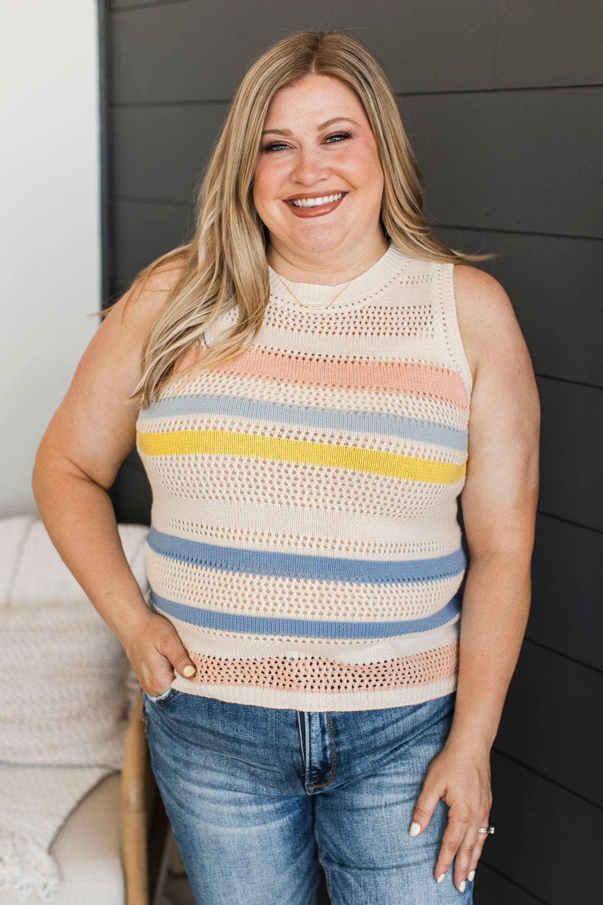 Simply Brilliant Striped Knit Tank Top- Ivory - Image 2