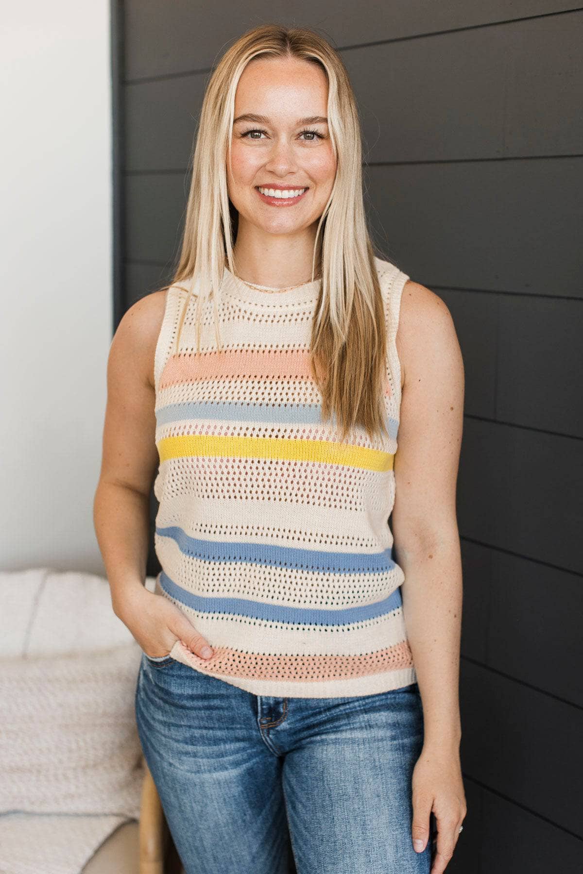 Simply Brilliant Striped Knit Tank Top- Ivory - Image 3