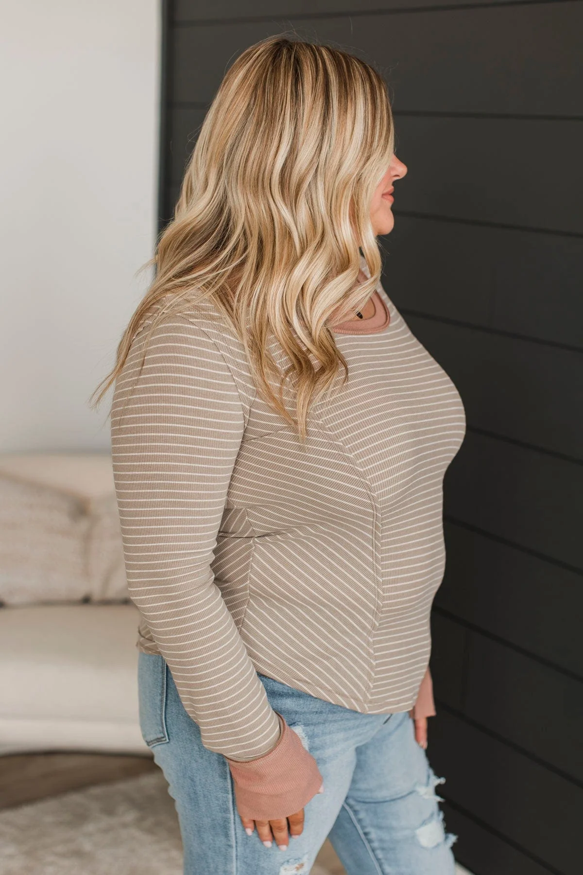 Simply Compelling Striped Top- Taupe - Image 6