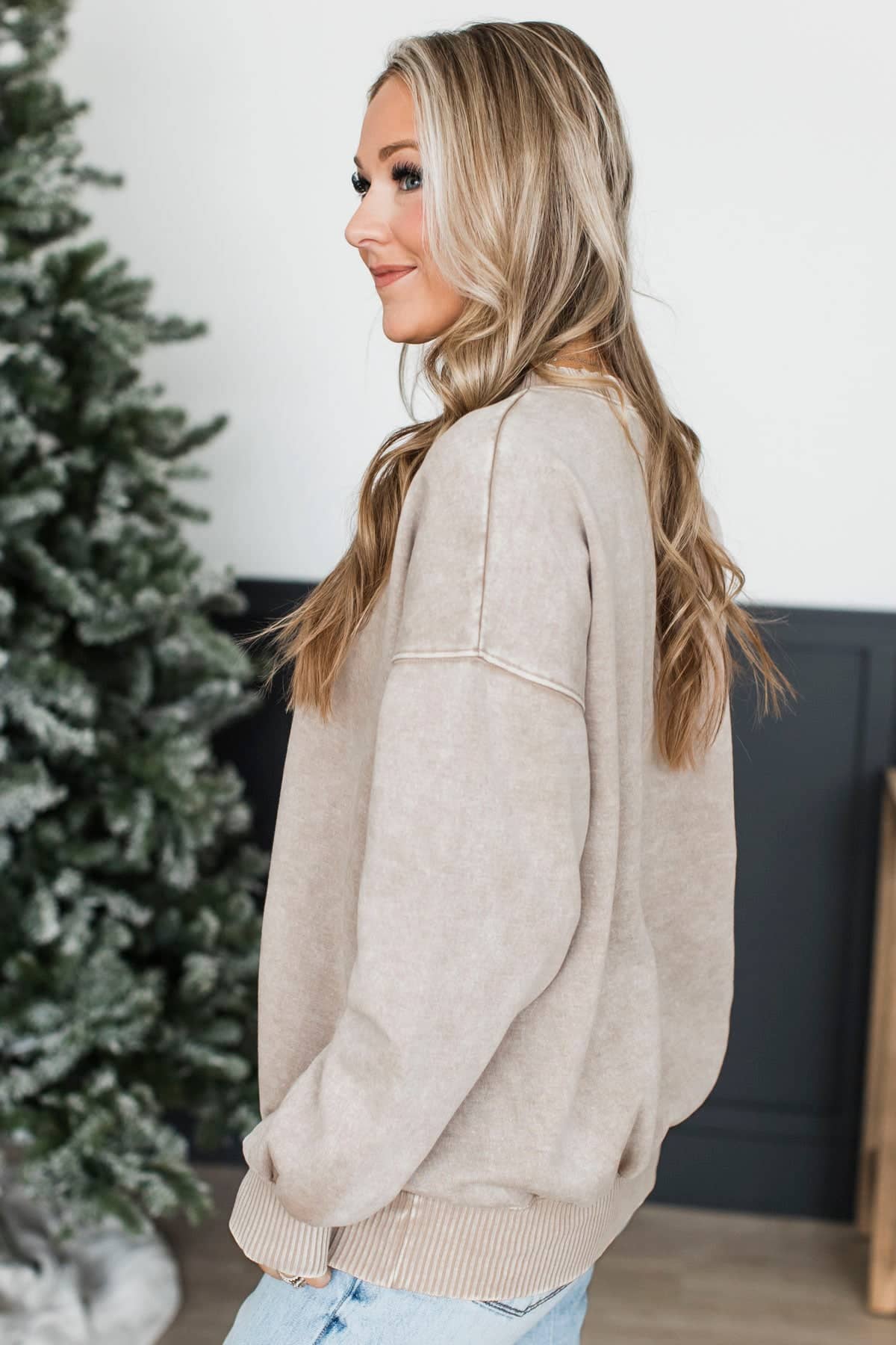 Simply Delightful Stone Wash Pullover- Light Taupe - Image 5
