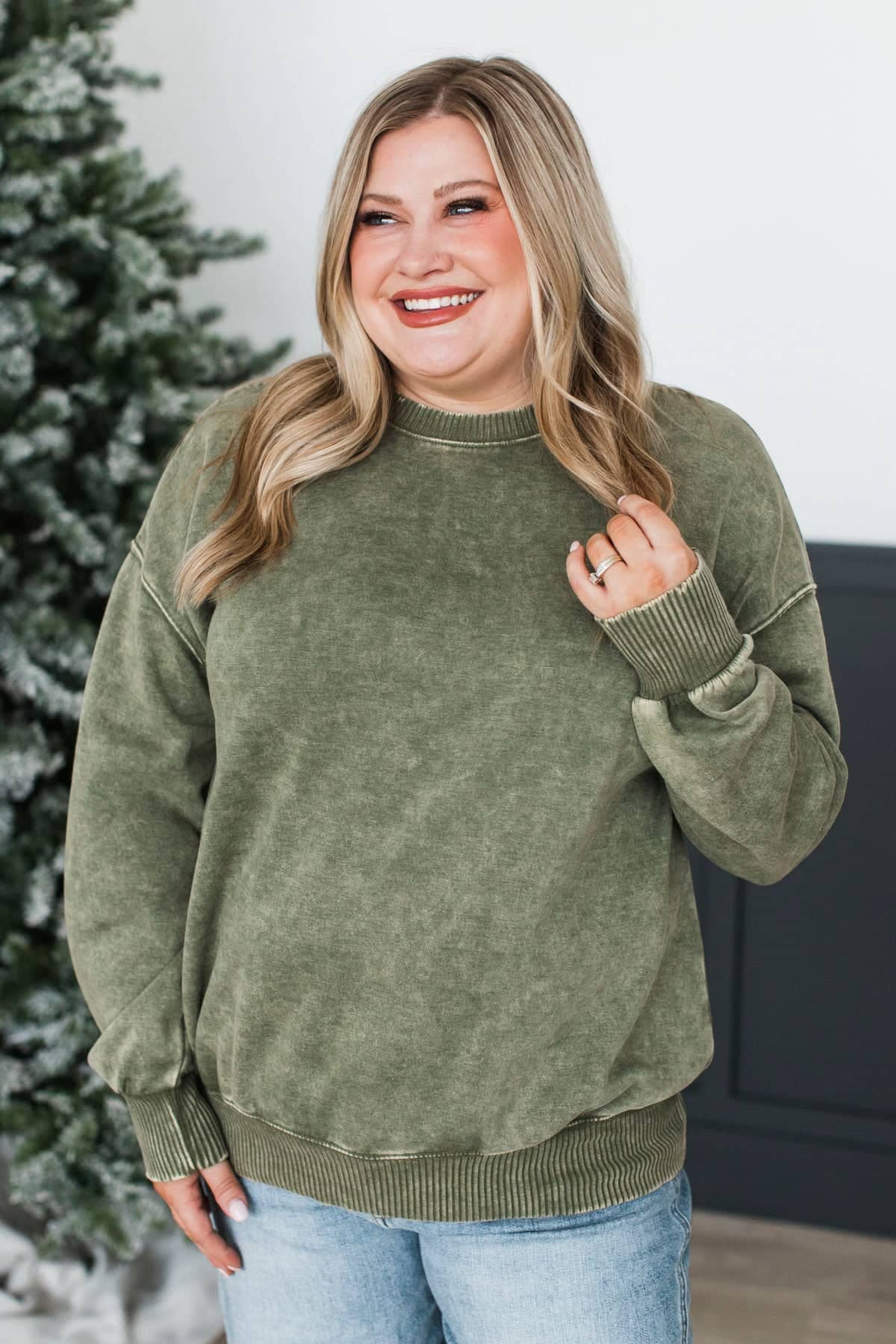 Simply Delightful Stone Wash Pullover- Olive - Image 2