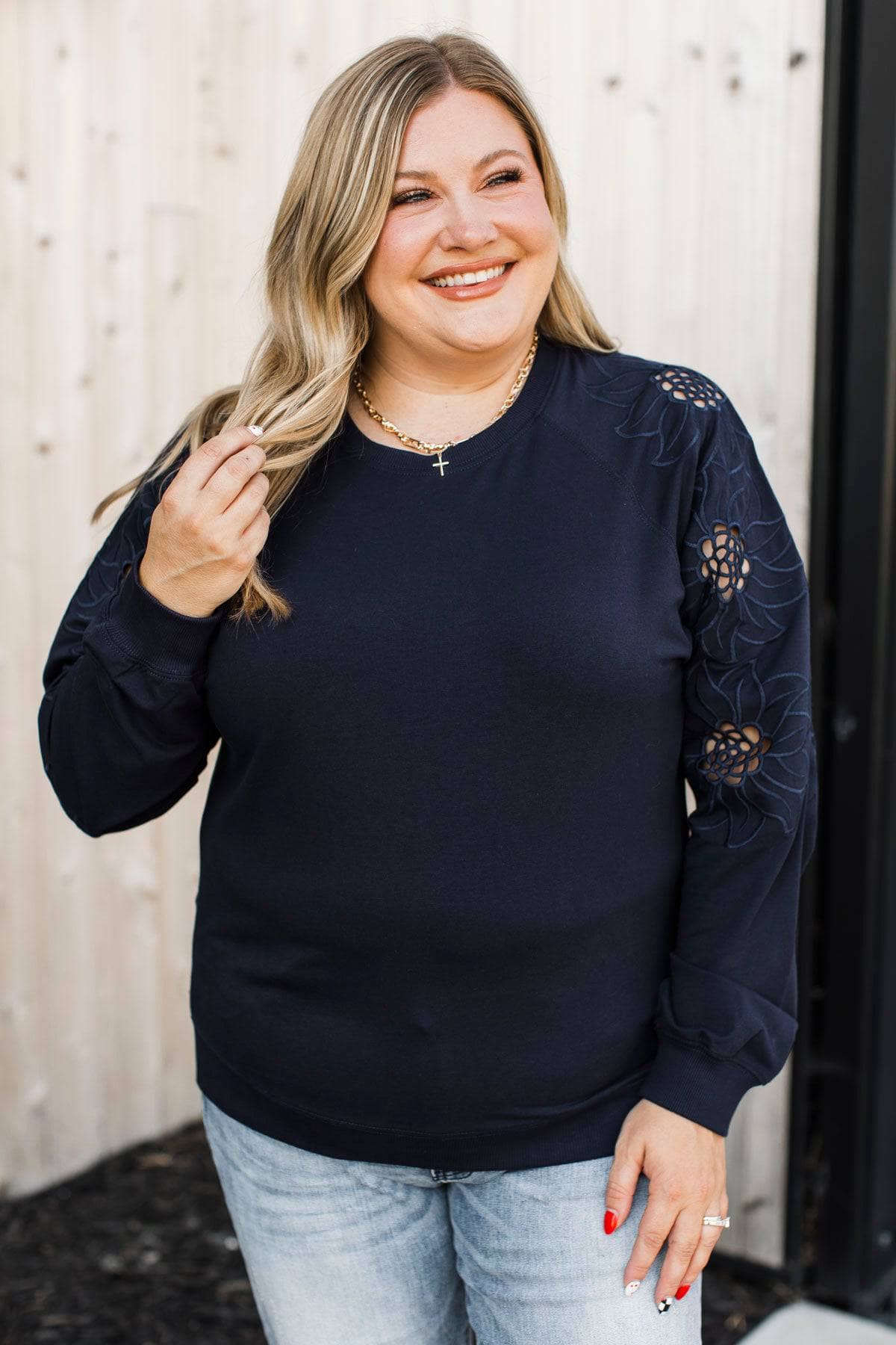 Simply Exceptional Floral Embroidered Top- Navy - Image 4