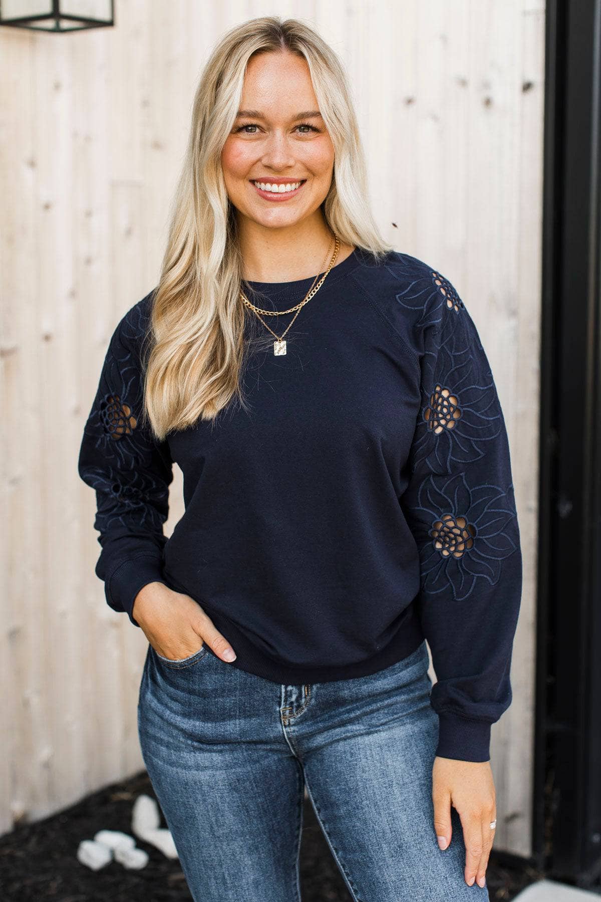 Simply Exceptional Floral Embroidered Top- Navy - Image 5