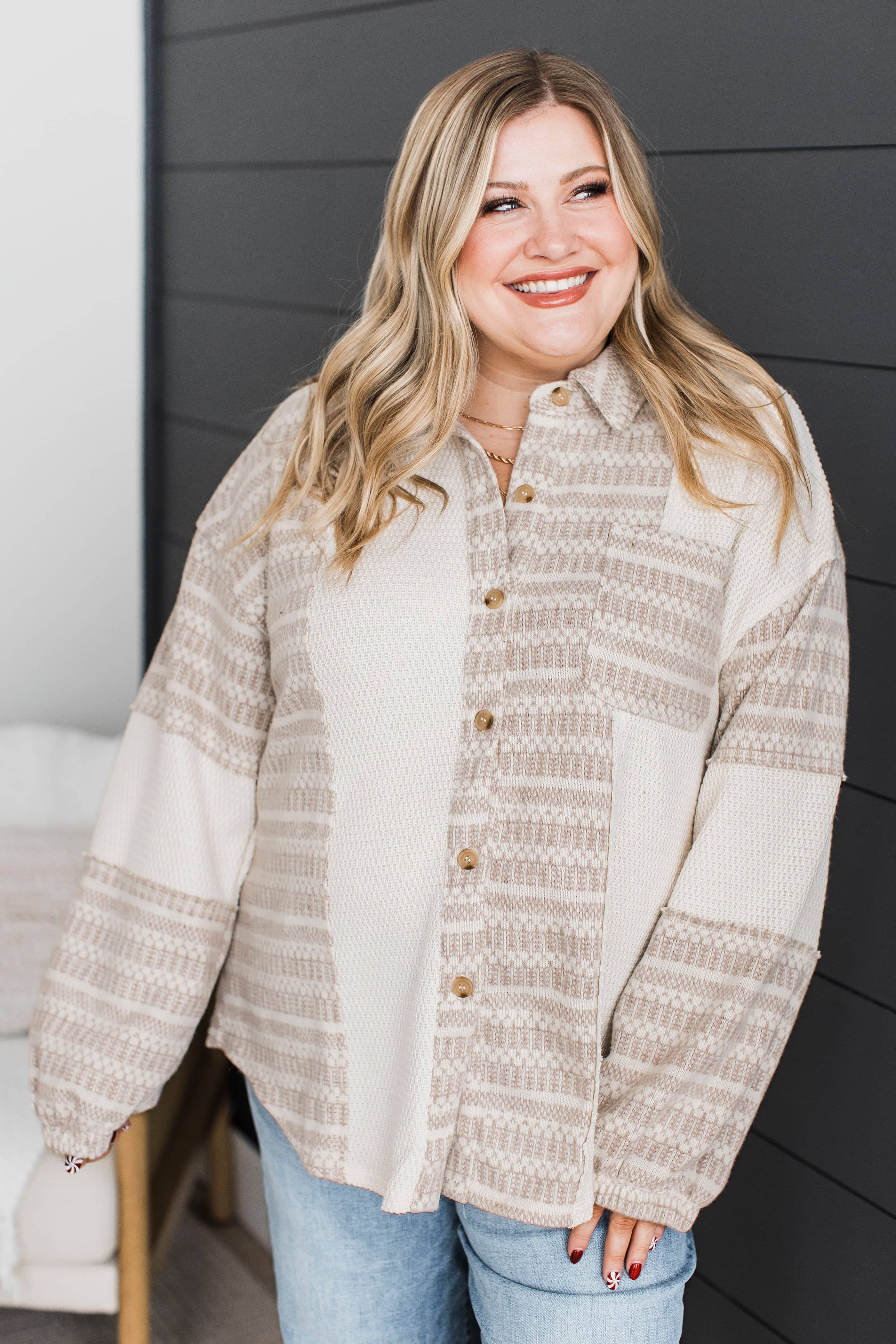 Simply Fantastic Fabric Block Shirt Jacket- Light Cream