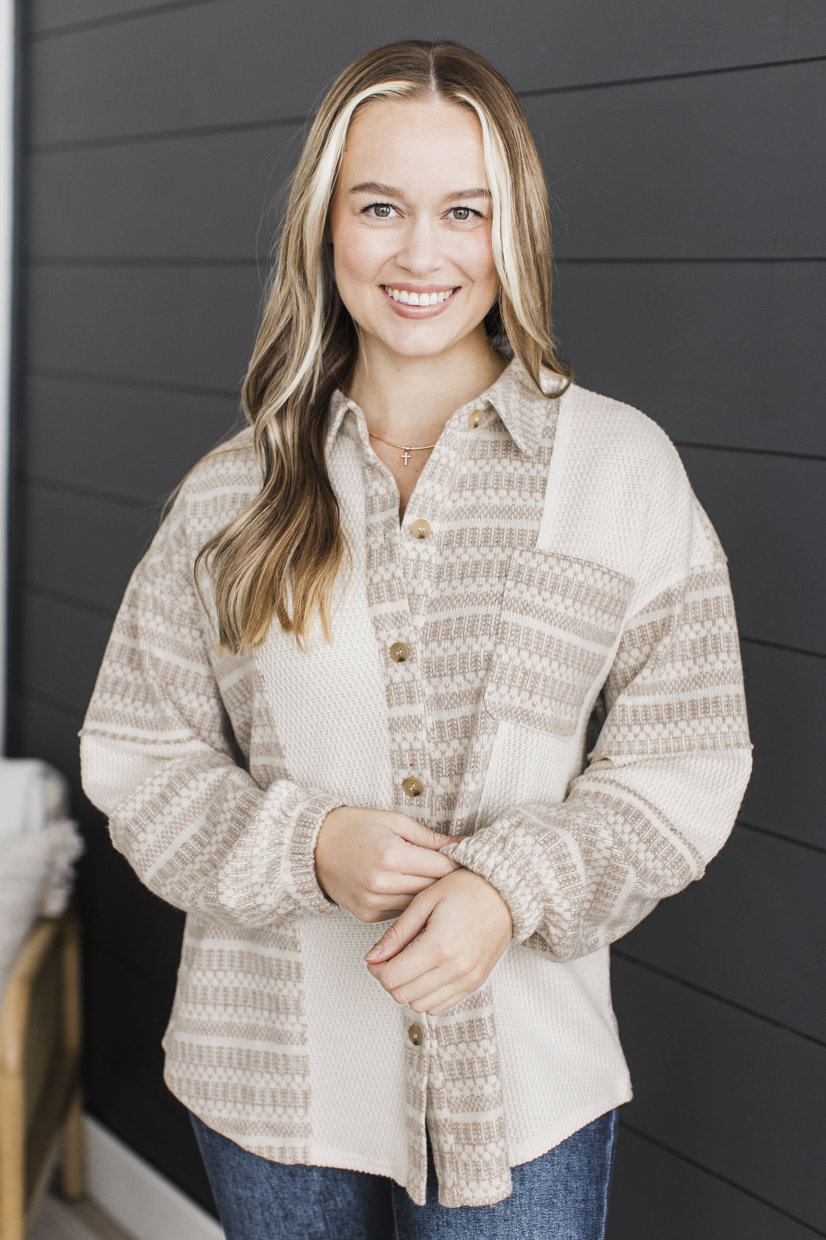 Simply Fantastic Fabric Block Shirt Jacket- Light Cream - Image 2