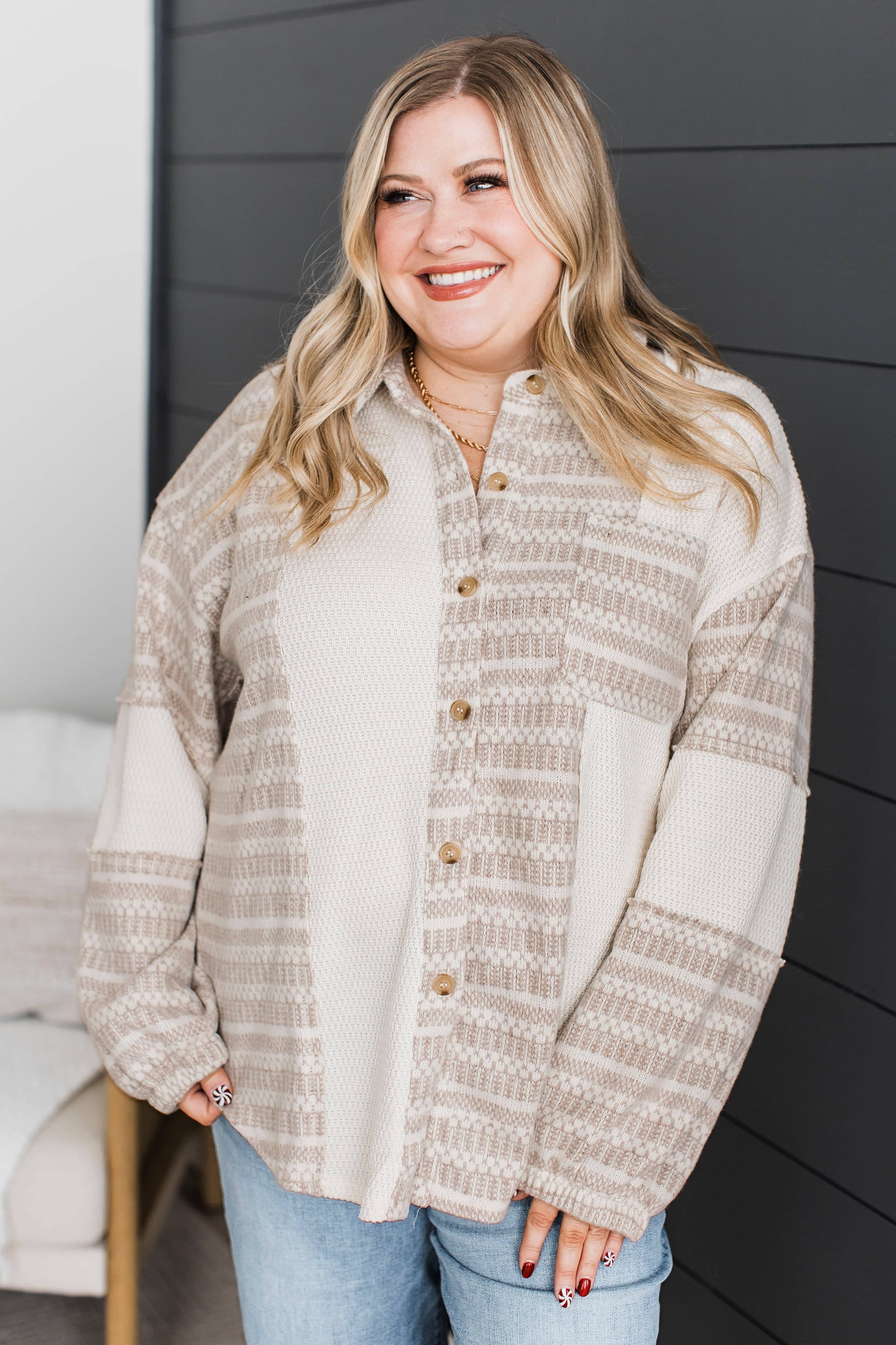 Simply Fantastic Fabric Block Shirt Jacket- Light Cream - Image 3