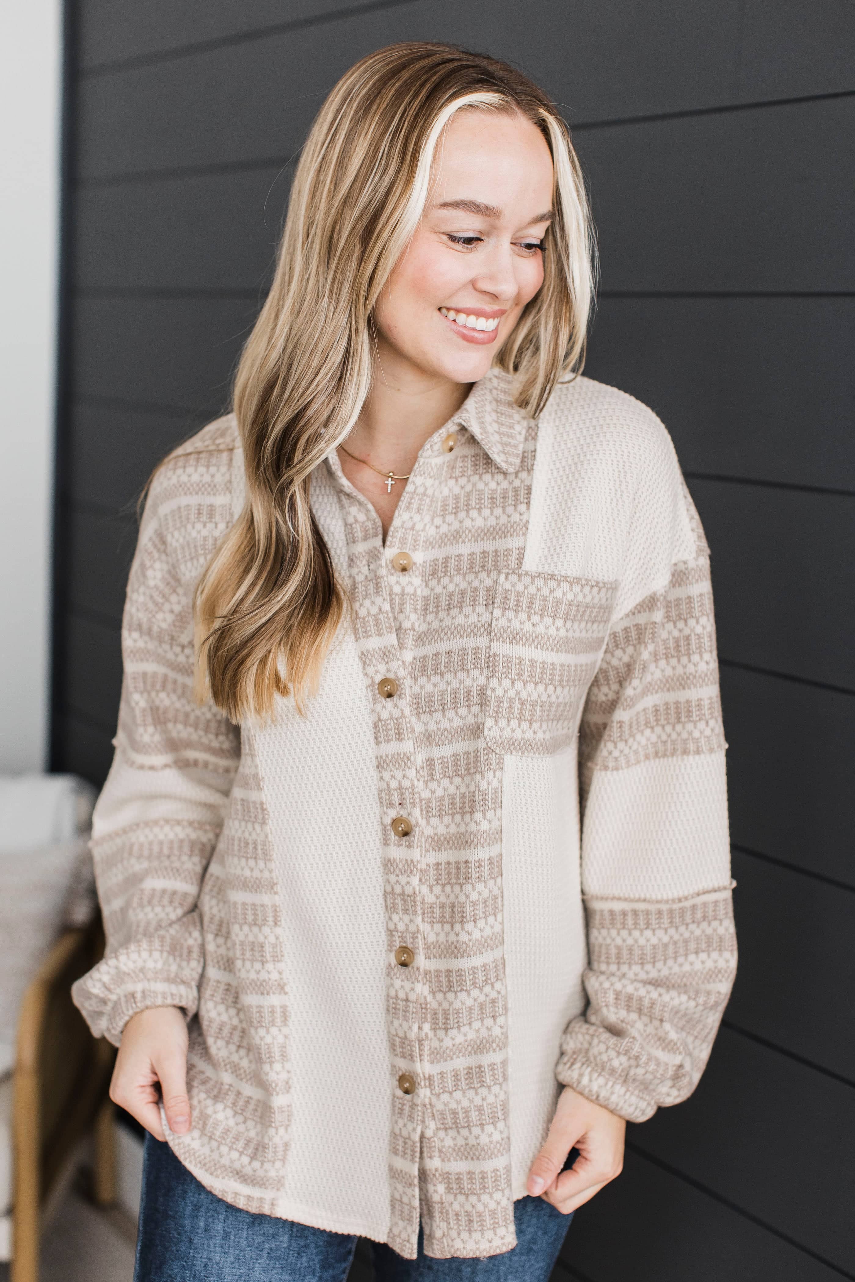 Simply Fantastic Fabric Block Shirt Jacket- Light Cream - Image 4