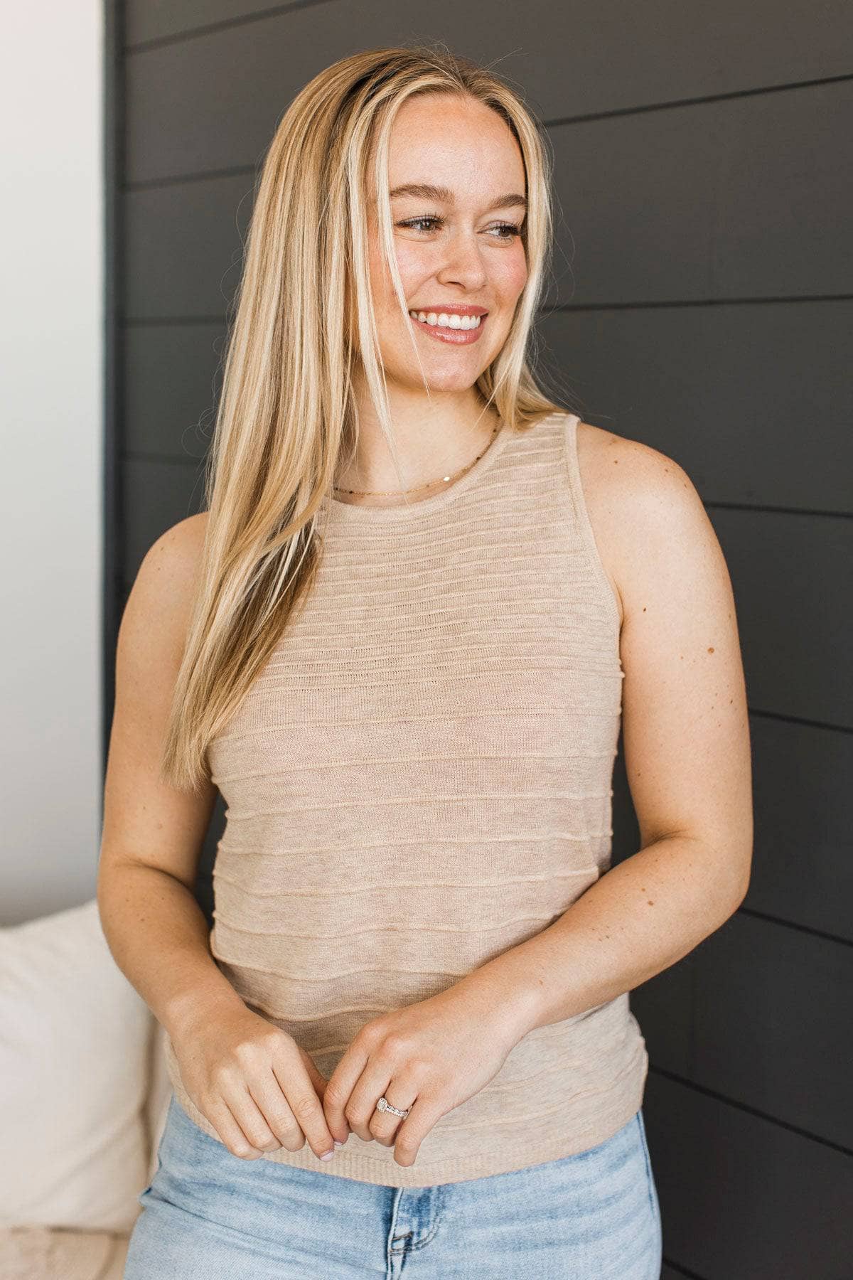 Simply Fascinating Striped Knit Tank Top- Almond - Image 2