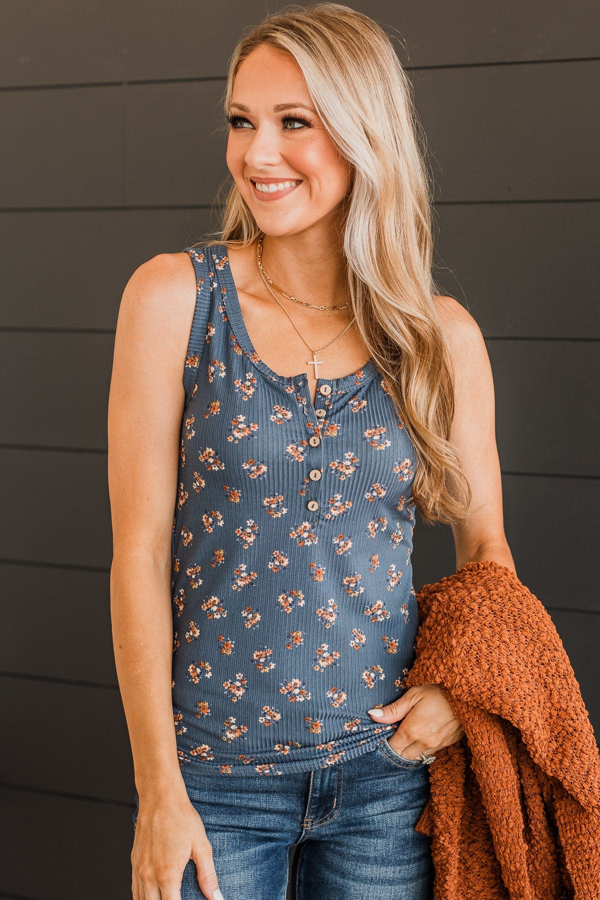 Simply Flourishing Floral Tank Top- Dusty Blue - Image 3