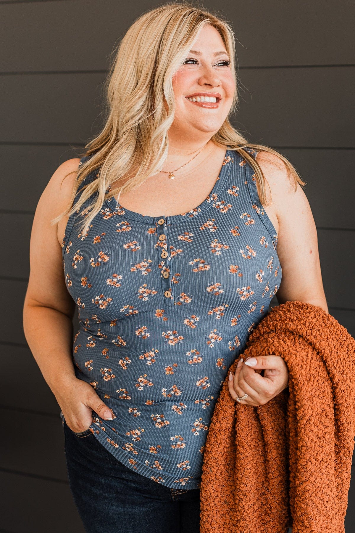 Simply Flourishing Floral Tank Top- Dusty Blue - Image 4