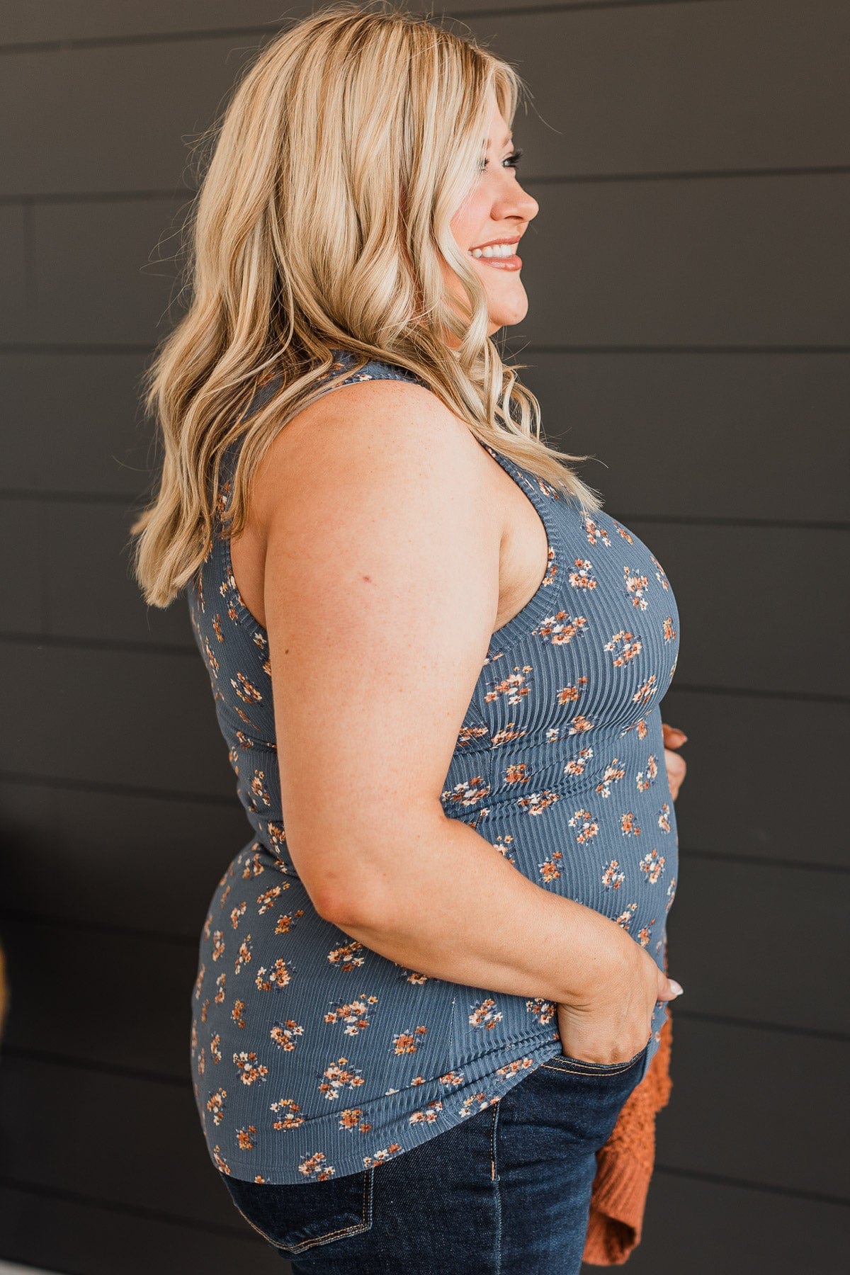 Simply Flourishing Floral Tank Top- Dusty Blue - Image 6