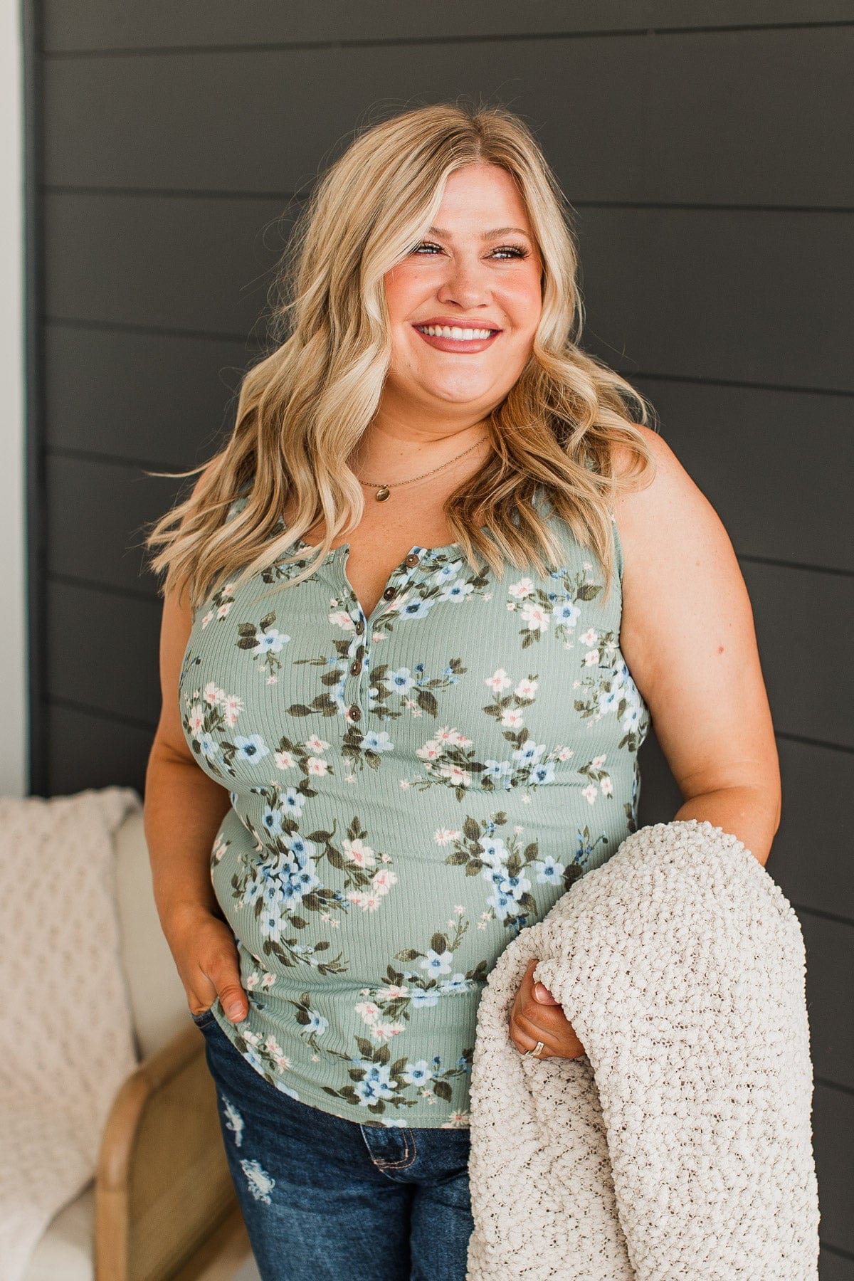 Simply Flourishing Floral Tank Top- Dusty Sage - Image 2