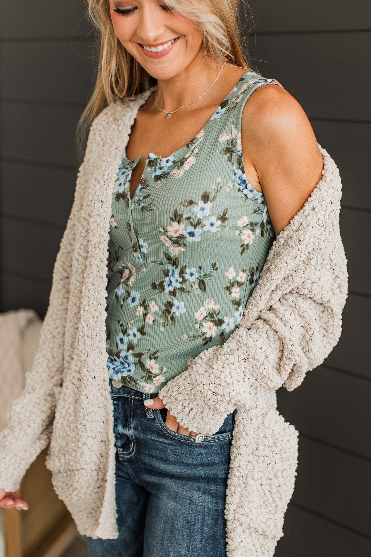 Simply Flourishing Floral Tank Top- Dusty Sage - Image 3