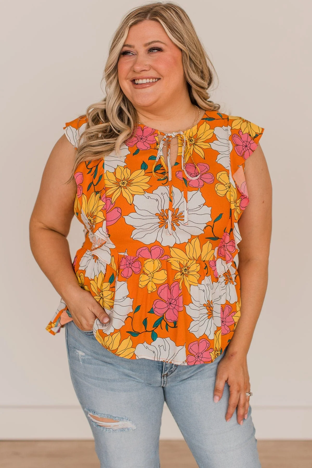 Simply Glowing Floral Peplum Blouse- Orange - Image 3
