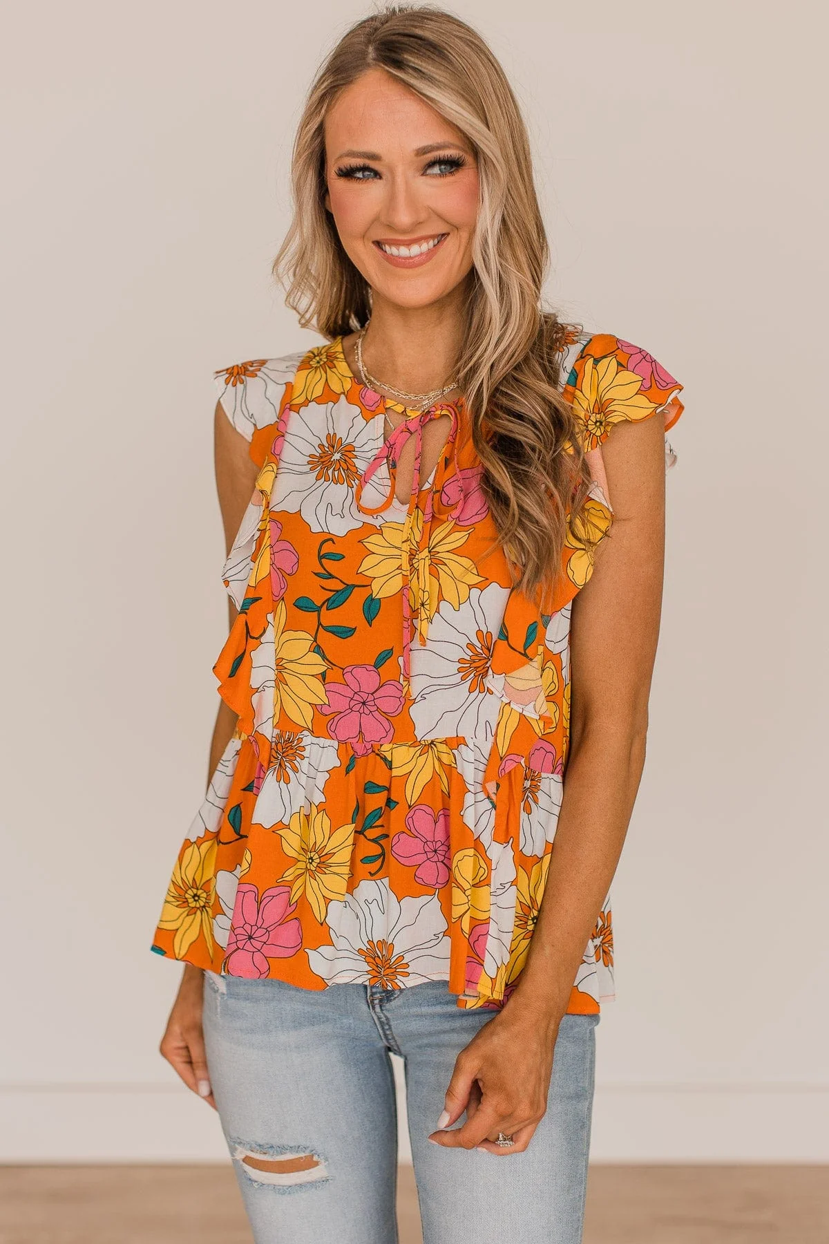 Simply Glowing Floral Peplum Blouse- Orange - Image 4