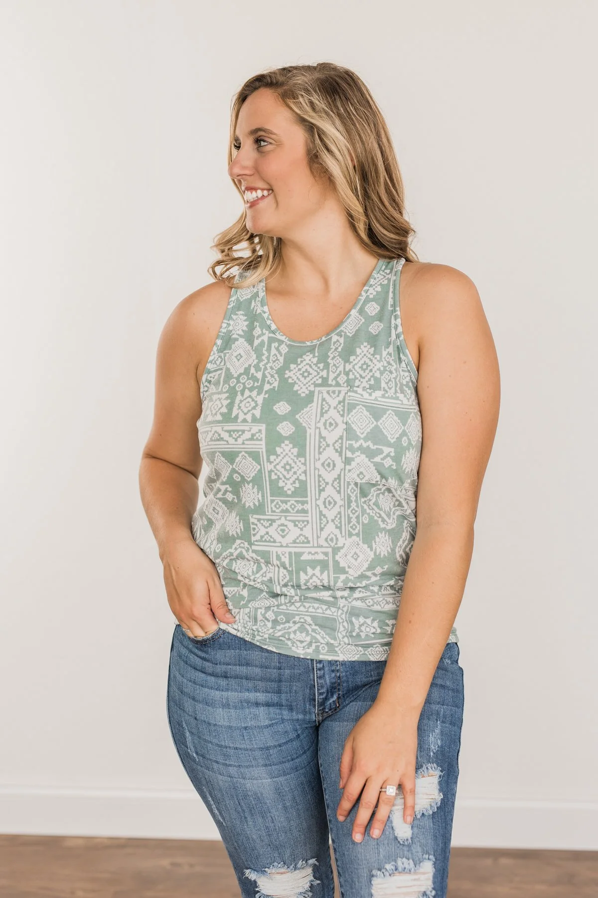 Simply Happy Geometric Print Tank Top- Dusty Teal - Image 10