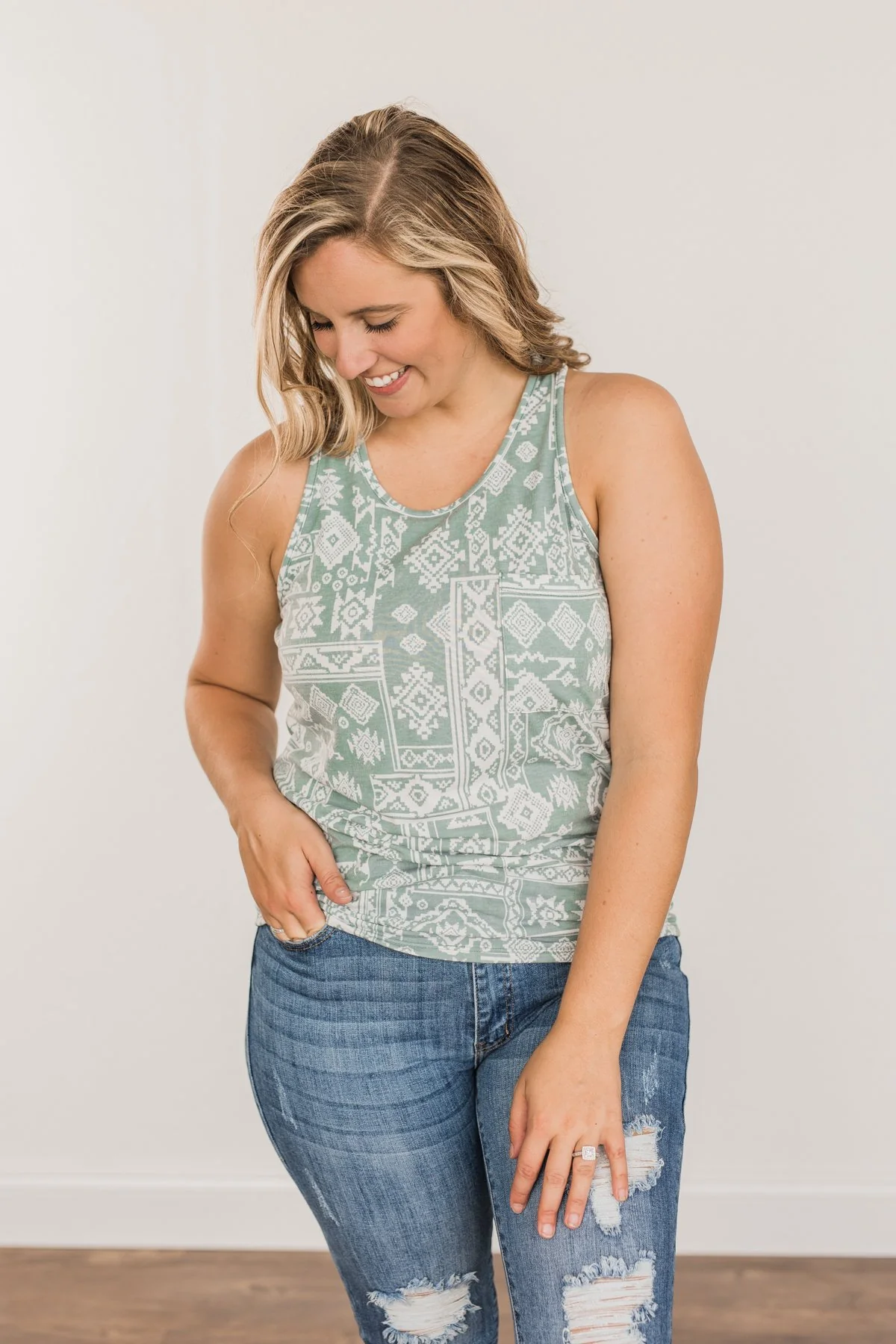Simply Happy Geometric Print Tank Top- Dusty Teal - Image 6