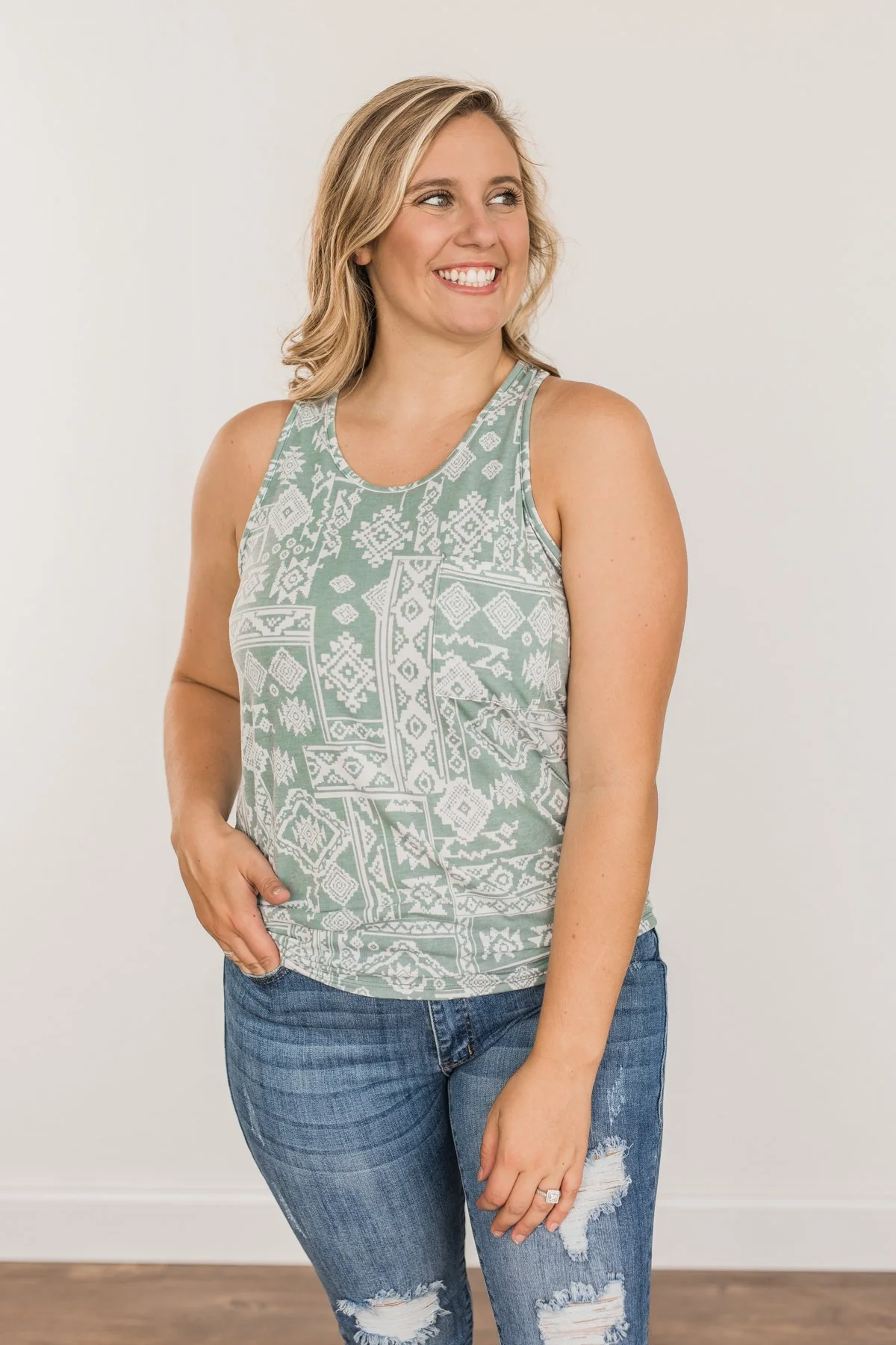 Simply Happy Geometric Print Tank Top- Dusty Teal - Image 8
