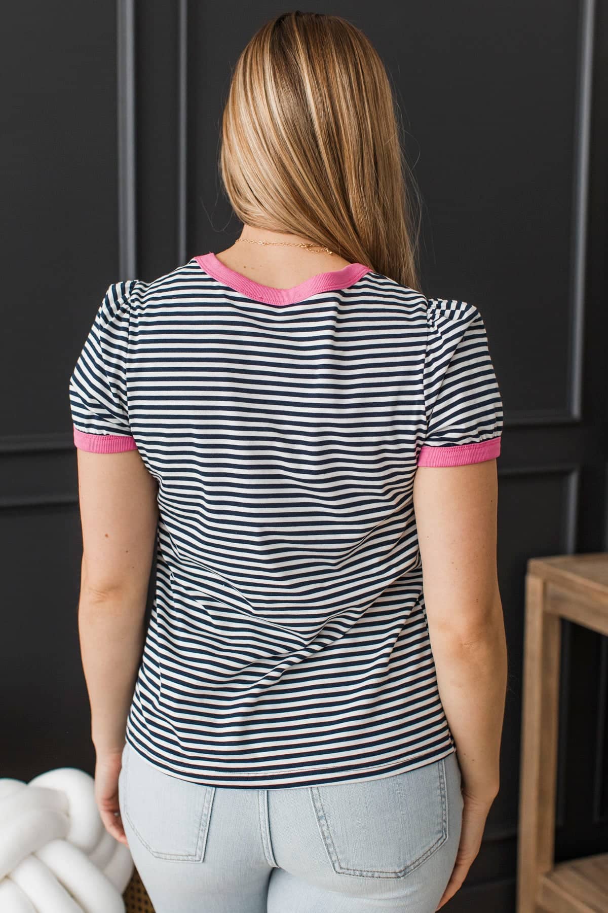 Simply Magical Striped Puff Sleeve Top- Dark Navy & Pink - Image 7
