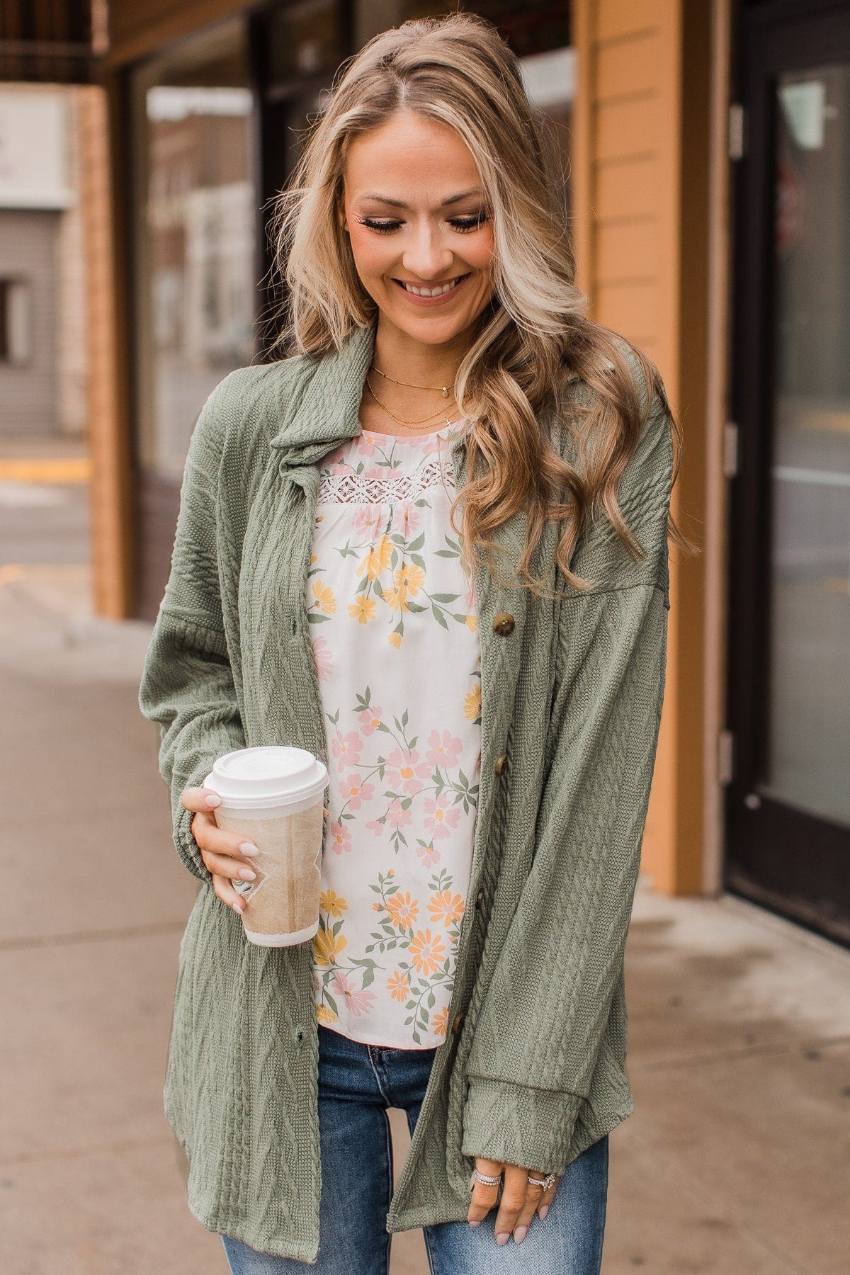 Simply Radiant Cable Knit Button Top- Olive - Image 4
