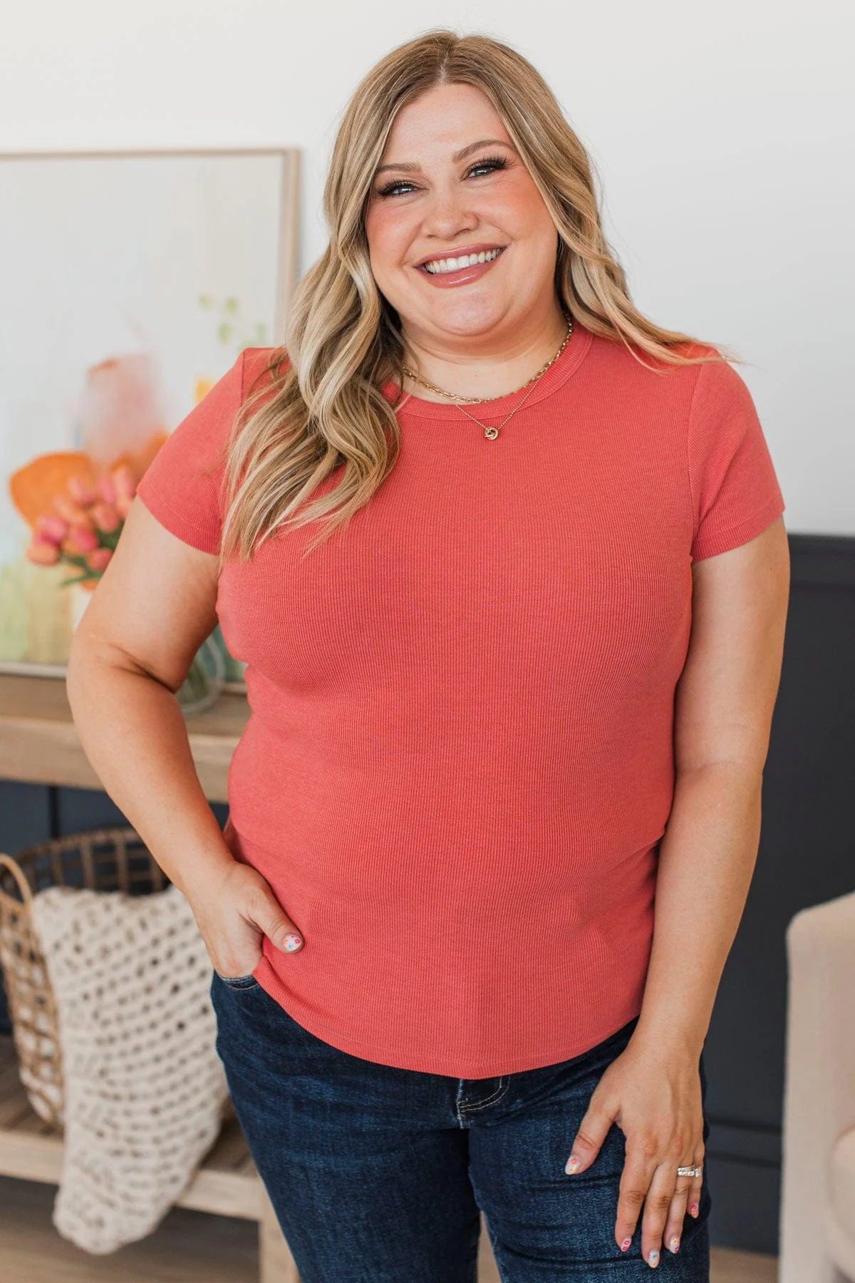 Simply Riveting Short Sleeve Top- Dark Coral - Image 4
