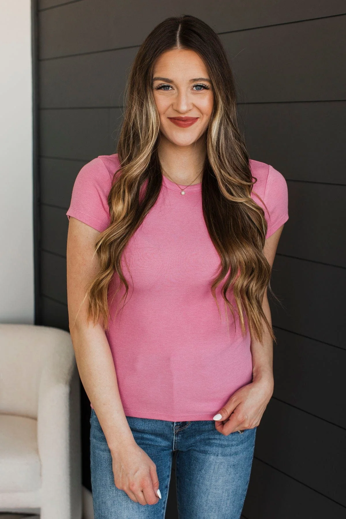 Simply Riveting Short Sleeve Top- Pink