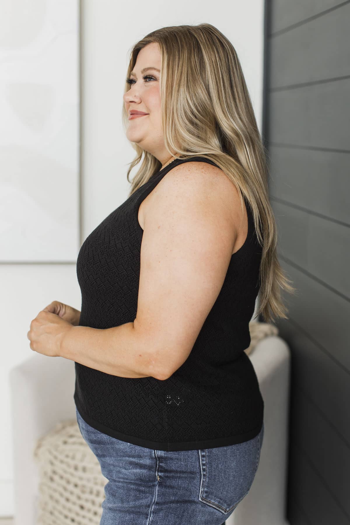 Simply Rooted Pointelle Knit Sleeveless Top- Black - Image 6