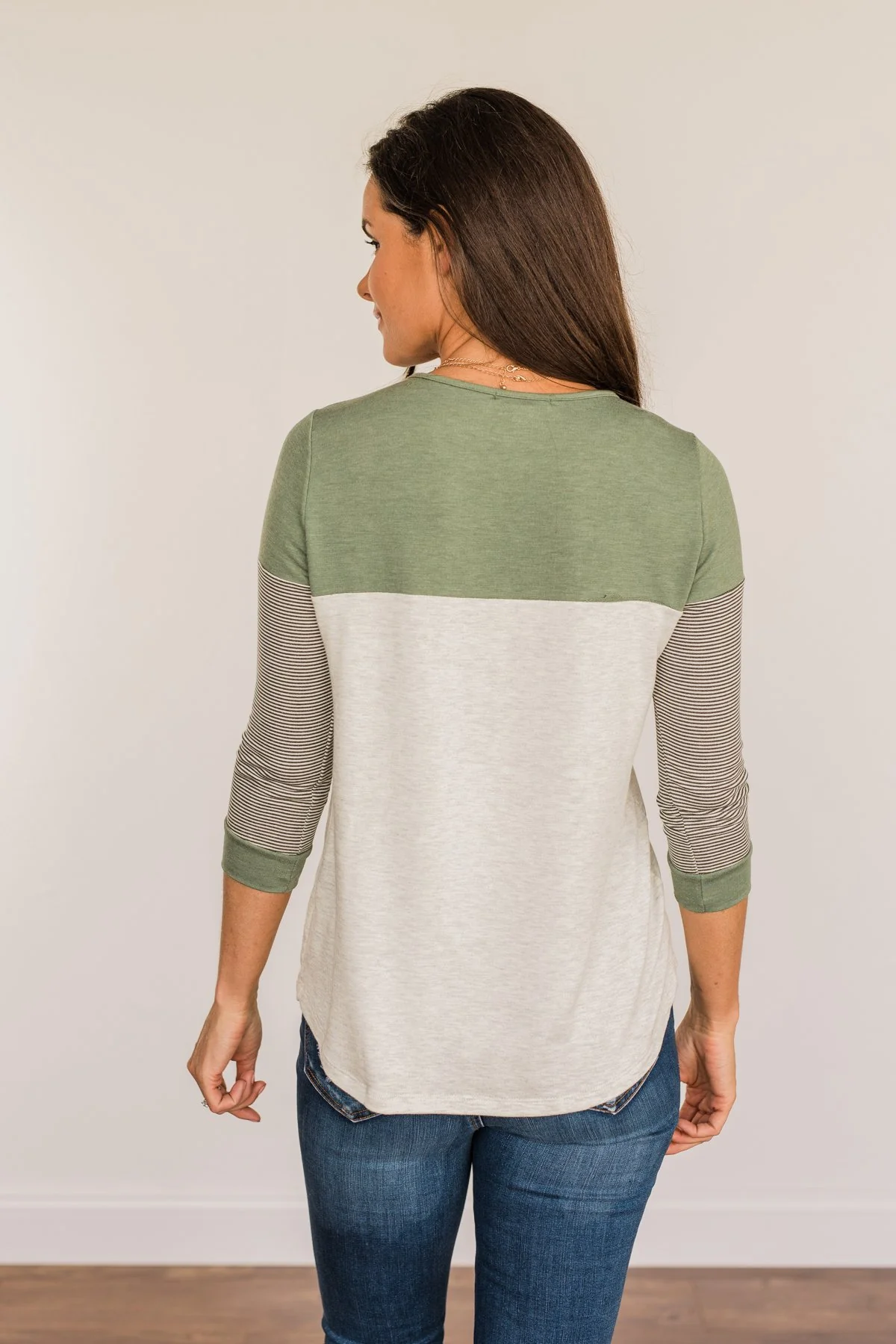 Simply Splendid Color Block Top- Olive & Heather Grey - Image 12